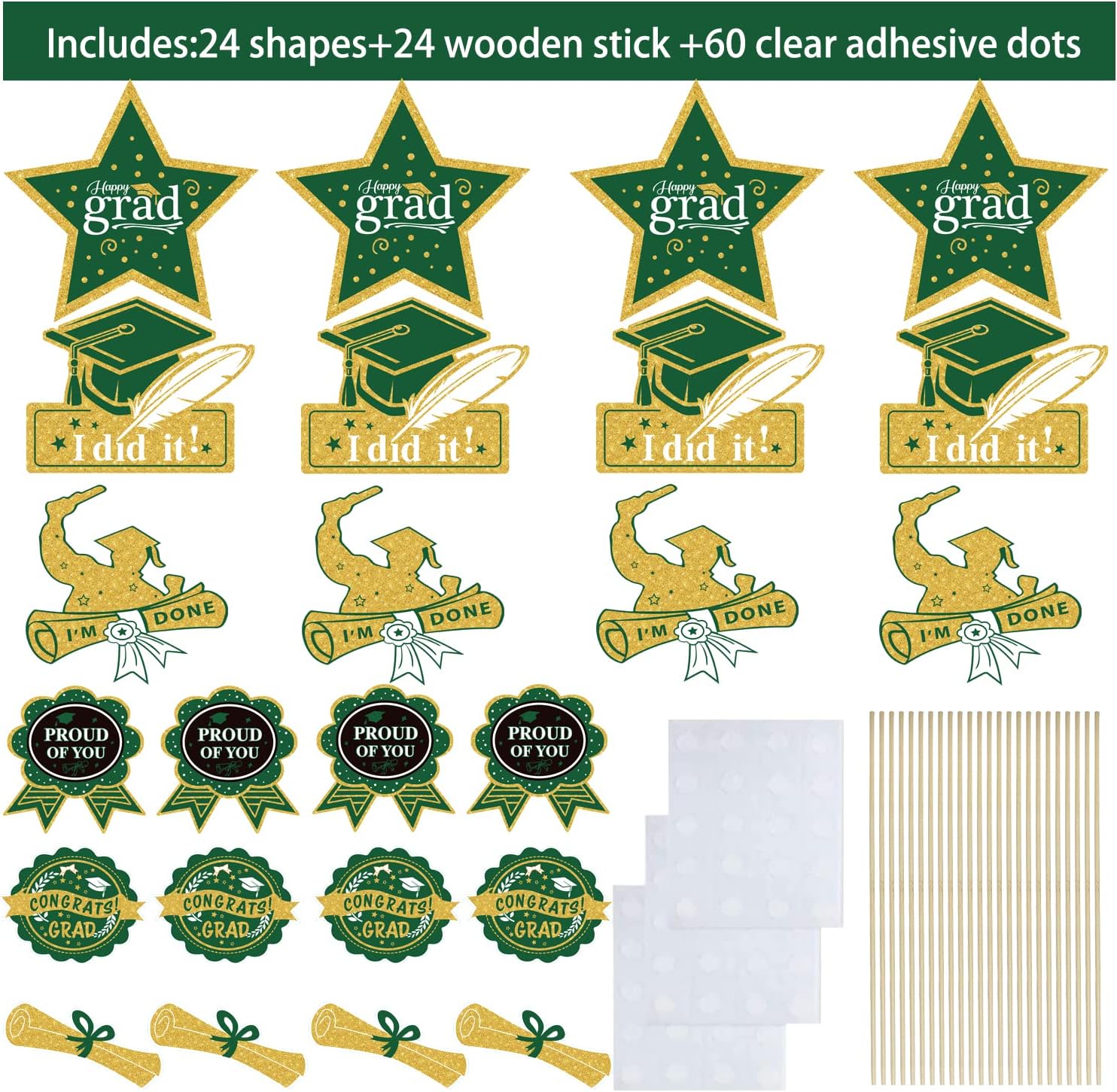 Green Gold Graduation Centerpieces 2024 24Pcs Table Decorations