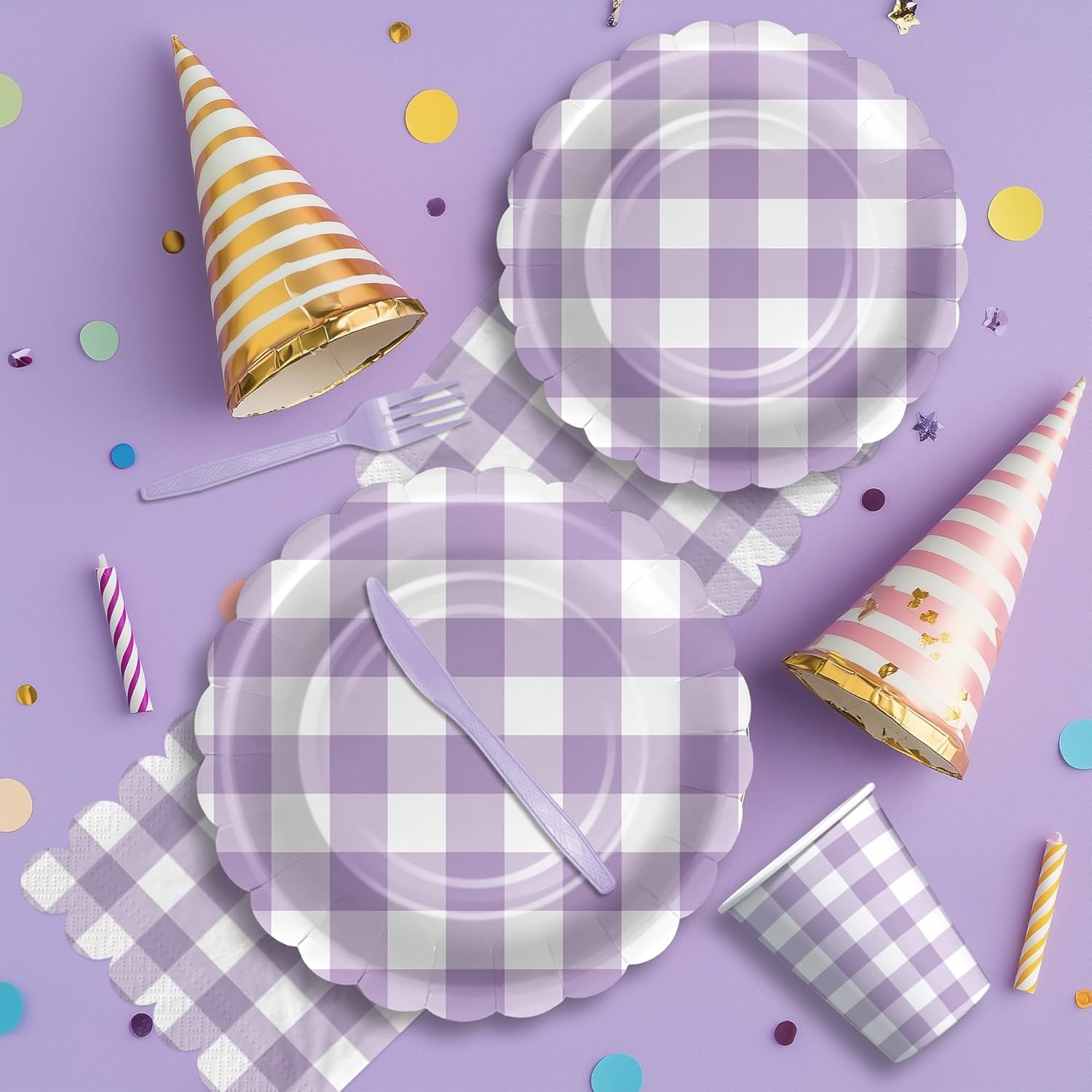 Light Purple Gingham Party Tableware Set for 24 Guests