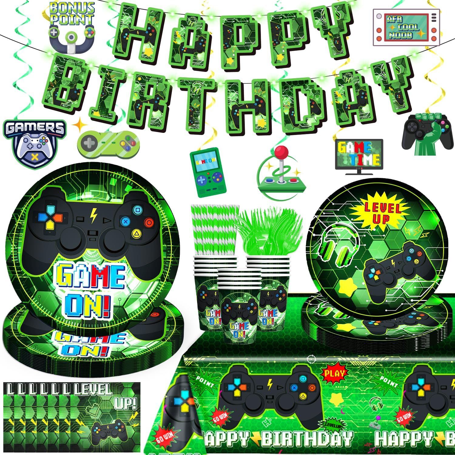 159 Pcs Video Game Birthday Decorations Set Green