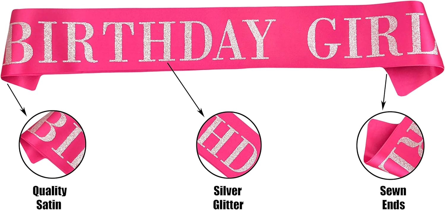 Birthday Girl Sash for Women Hot Pink Satin with Silver Glitter