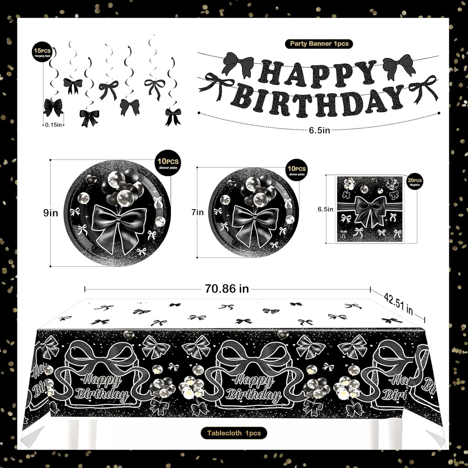Black Bow Party Decor Set for 20 Guests
