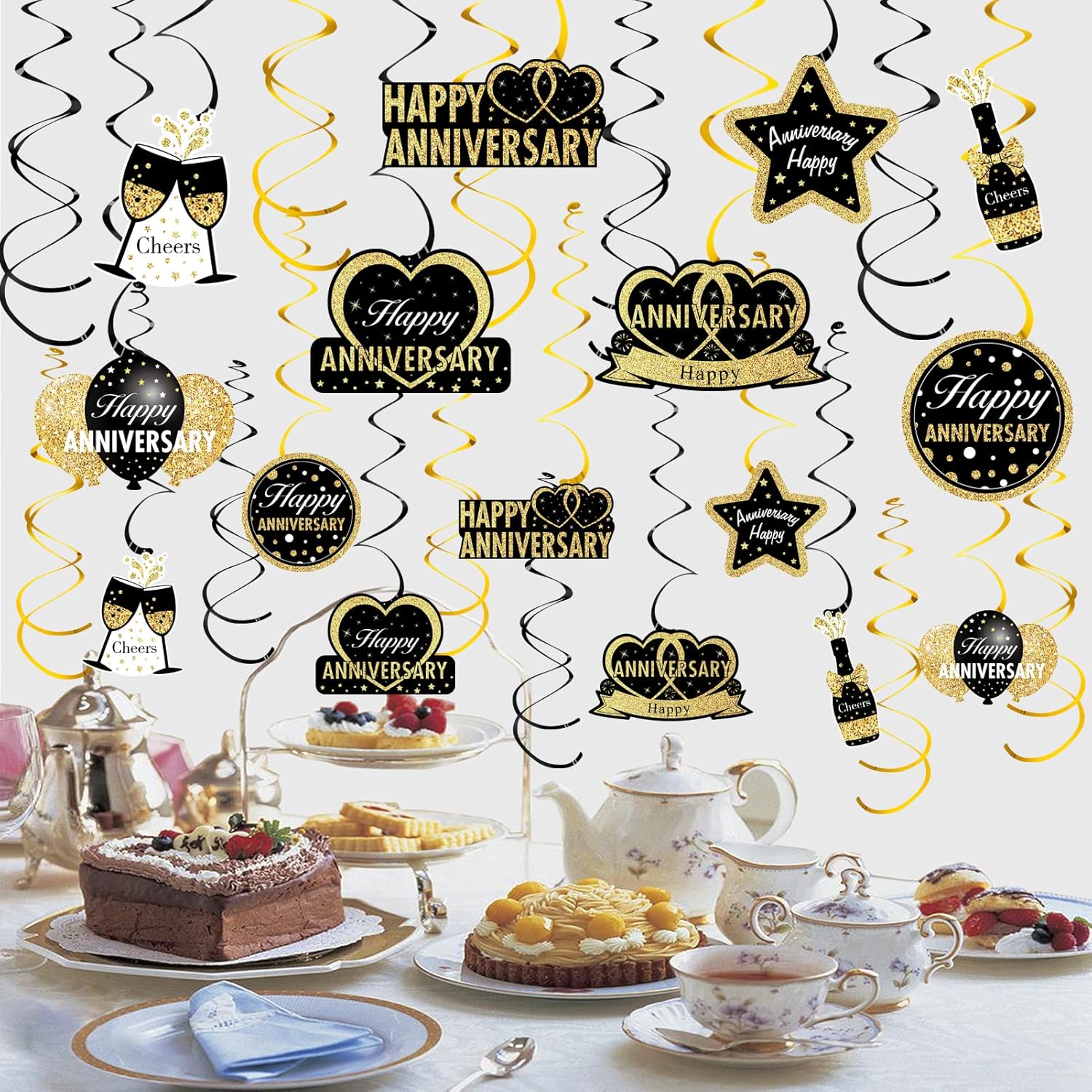 16Pcs Black Gold Happy Wedding Anniversary Hanging Swirls Decorations