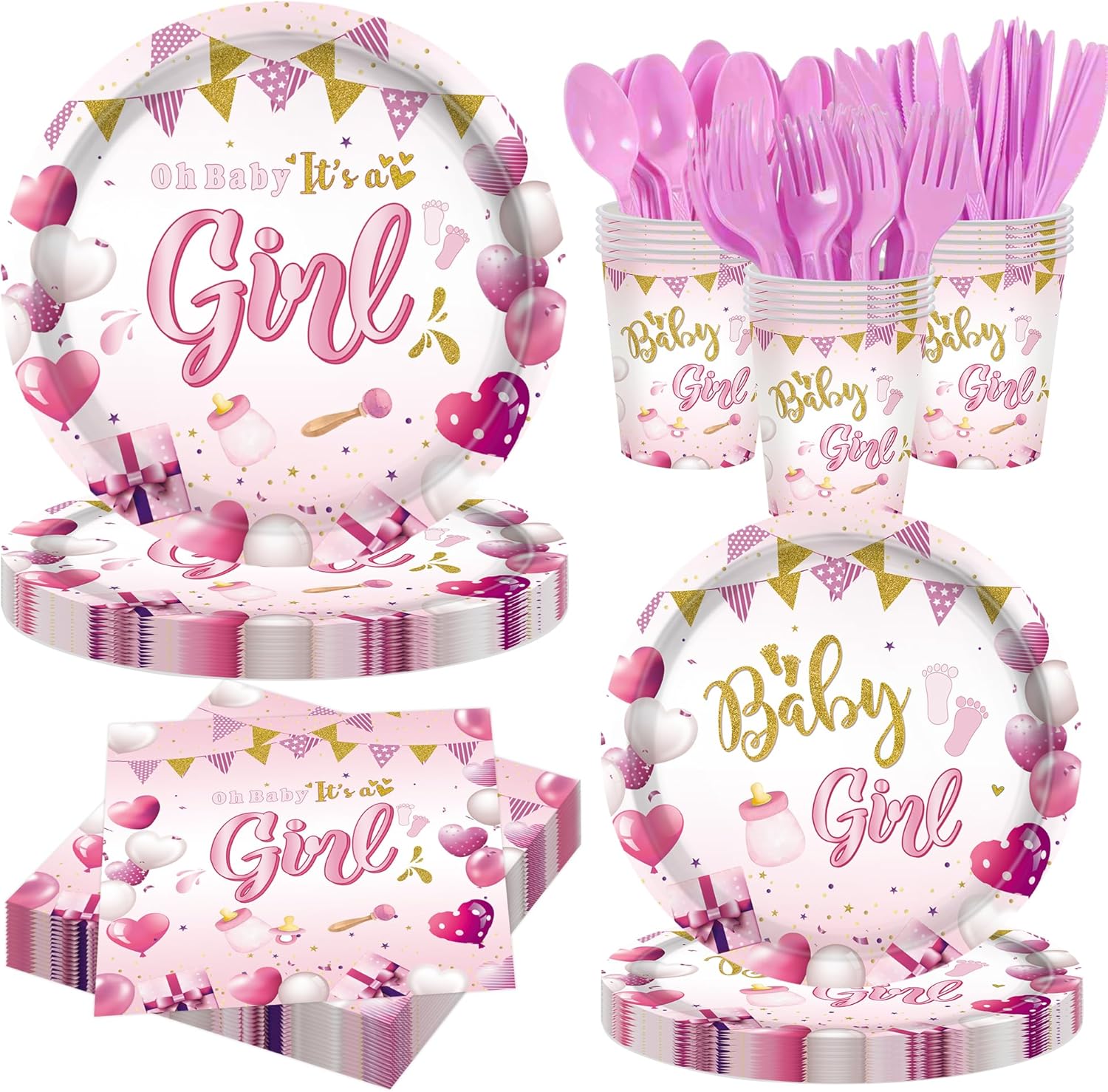 140 Pcs Baby Girl Party Decorations Plates Set Serves 20