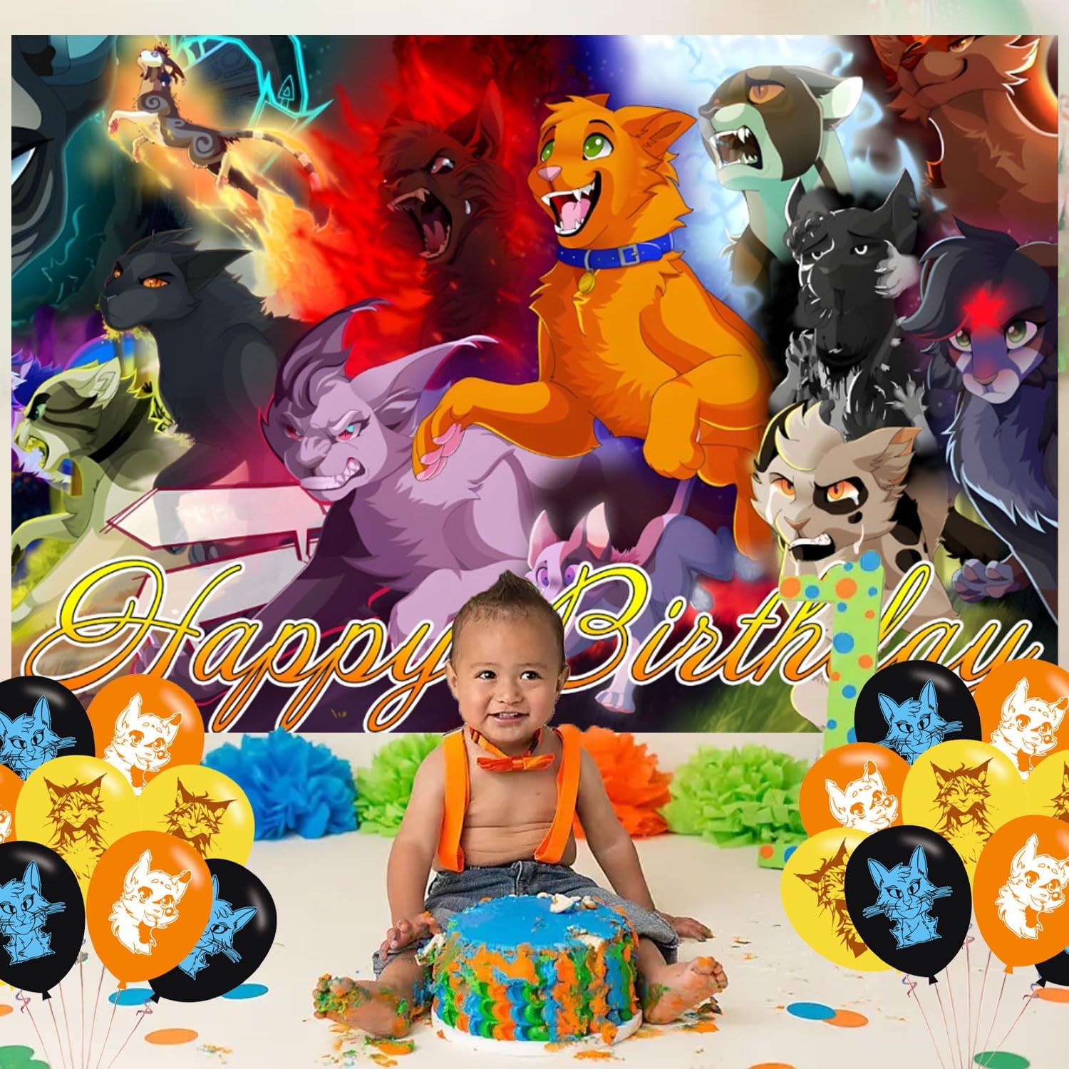 Warriors Cats Birthday Backdrop with Balloons