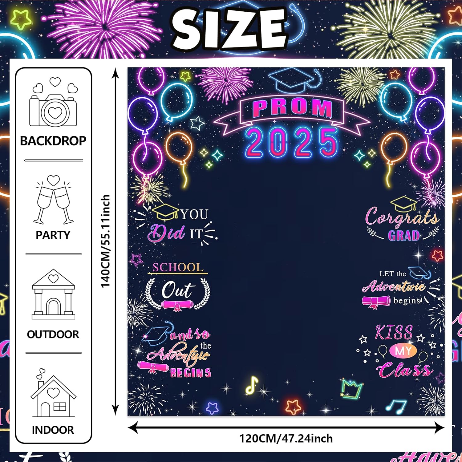 Neon Prom 2025 Banner Decorations for Graduation Party