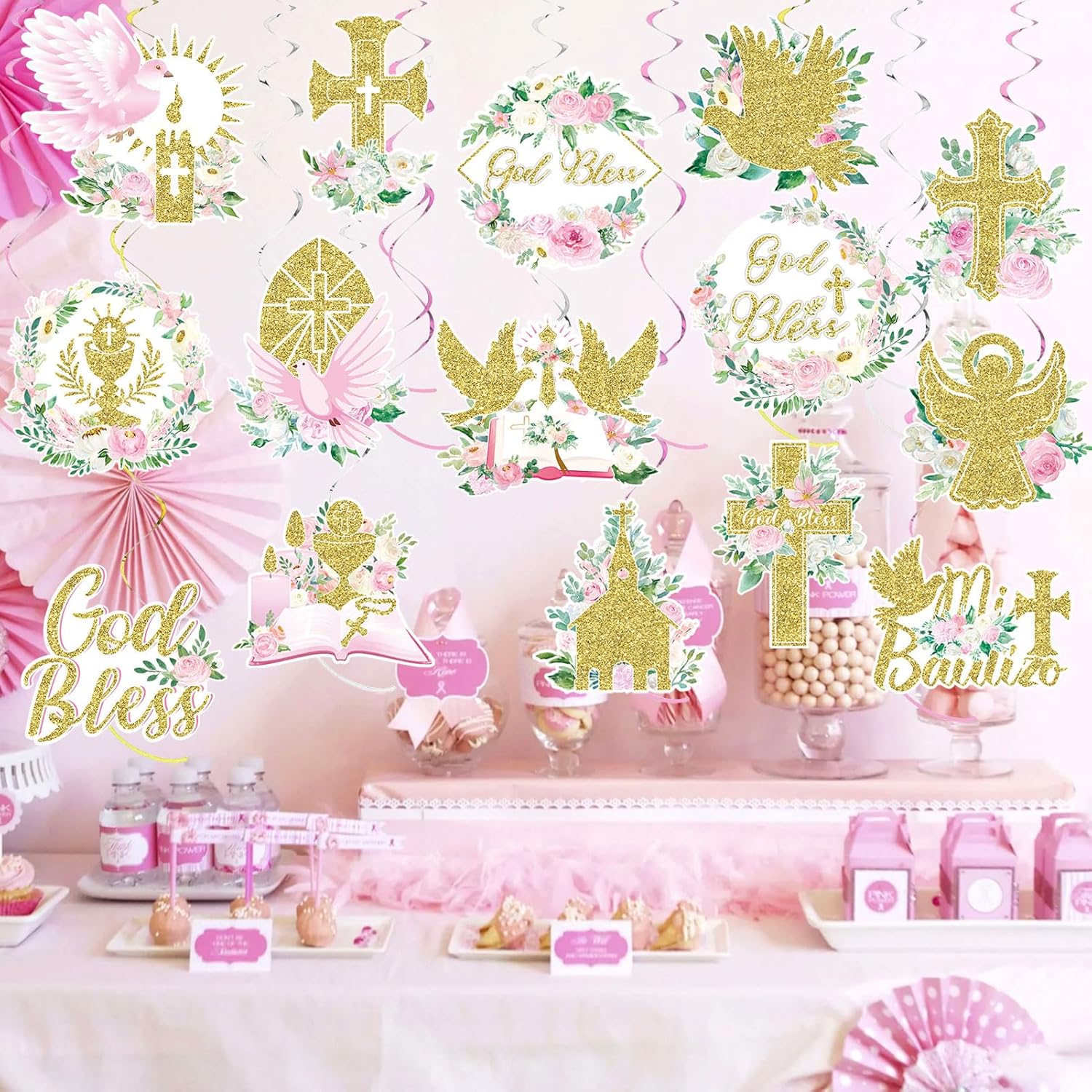 36 Pcs Pink Floral Cross Hanging Streamers Decor Set
