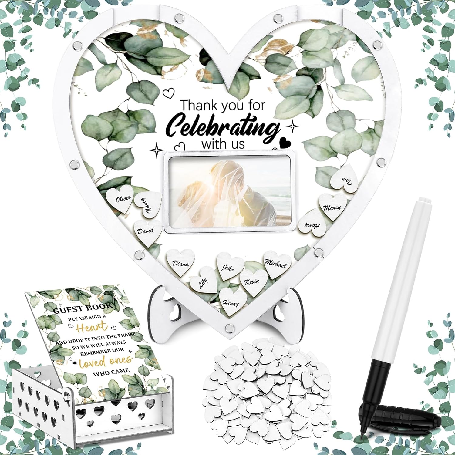 Wooden Guest Book Alternative with 100 Heart Wood Chips Eucalyptus Theme