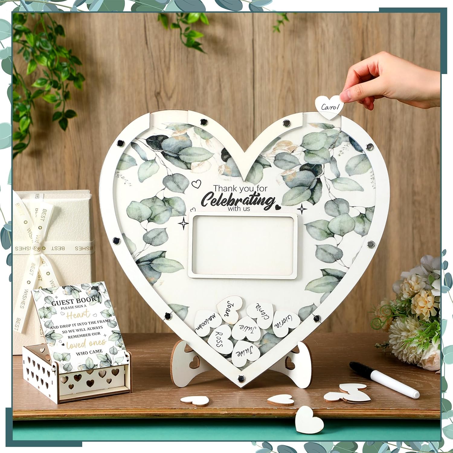 Wooden Guest Book Alternative with 100 Heart Wood Chips Eucalyptus Theme