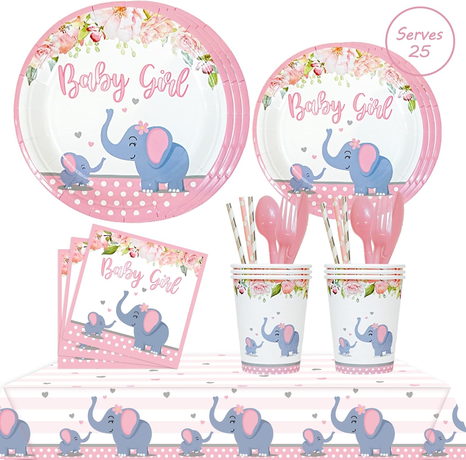 201 Pc Pink Elephant Baby Shower Decorations Set Serves 25