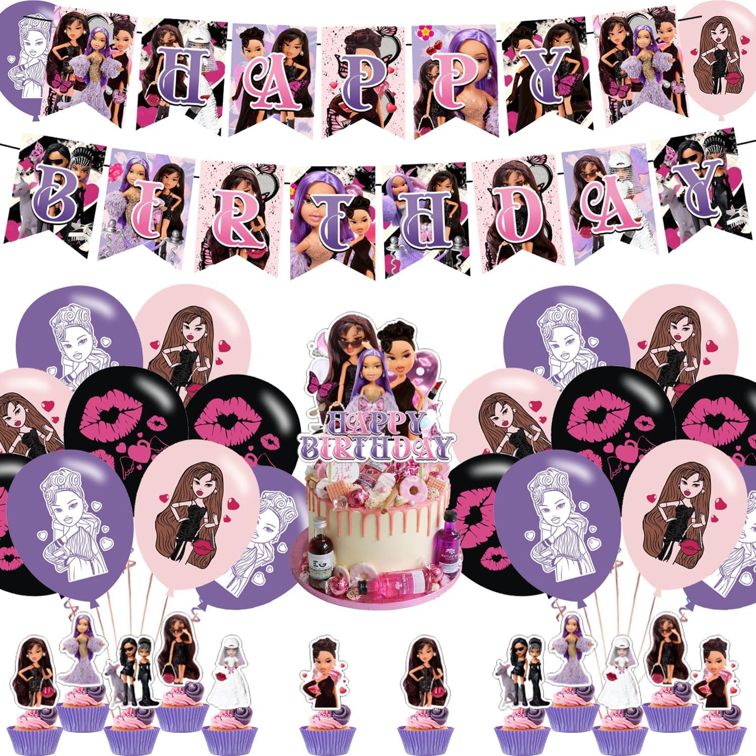 Cartoon Delicacy Girl Birthday Decor Set Pink