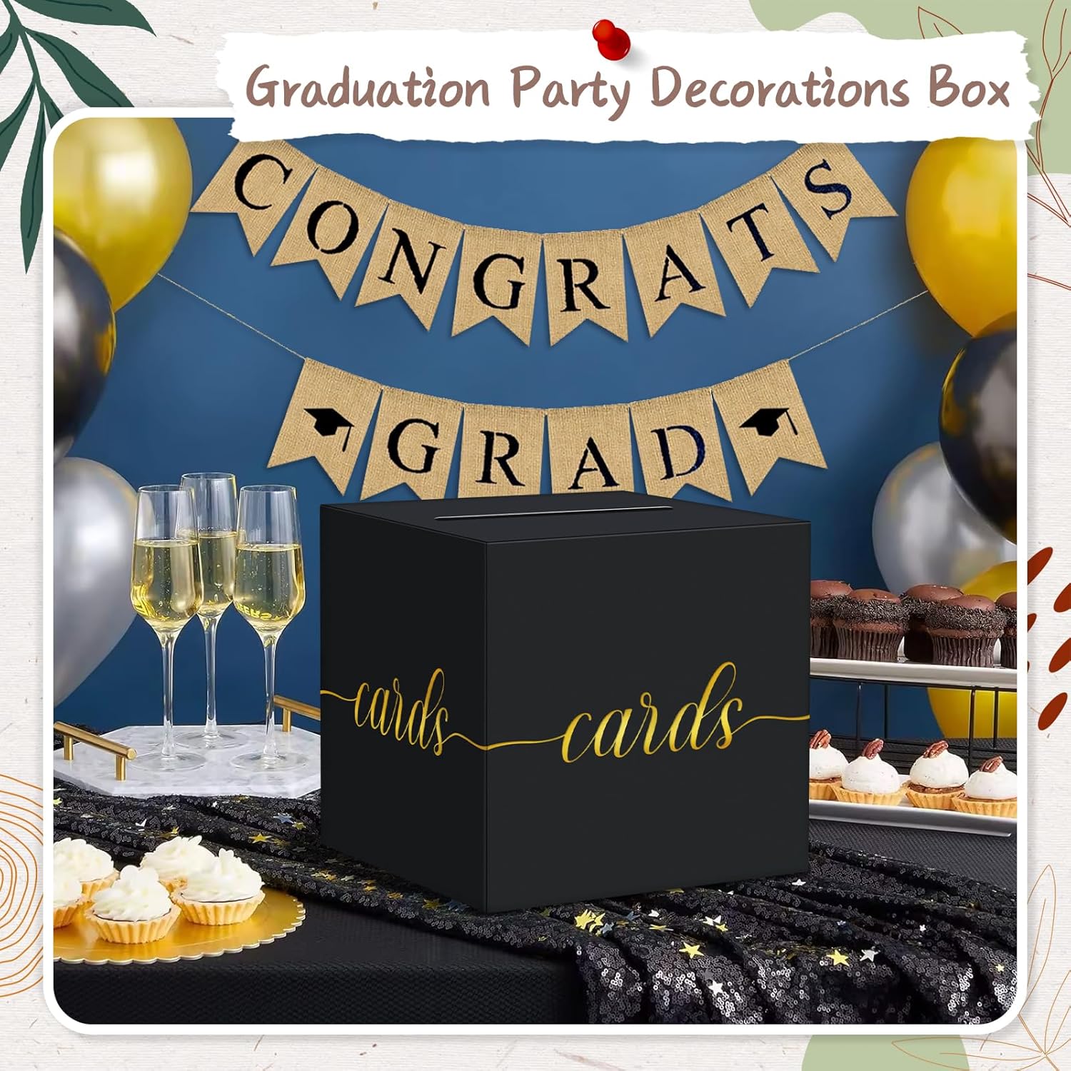 QIKSION Gold Foil Black Card Box for Graduation and Events