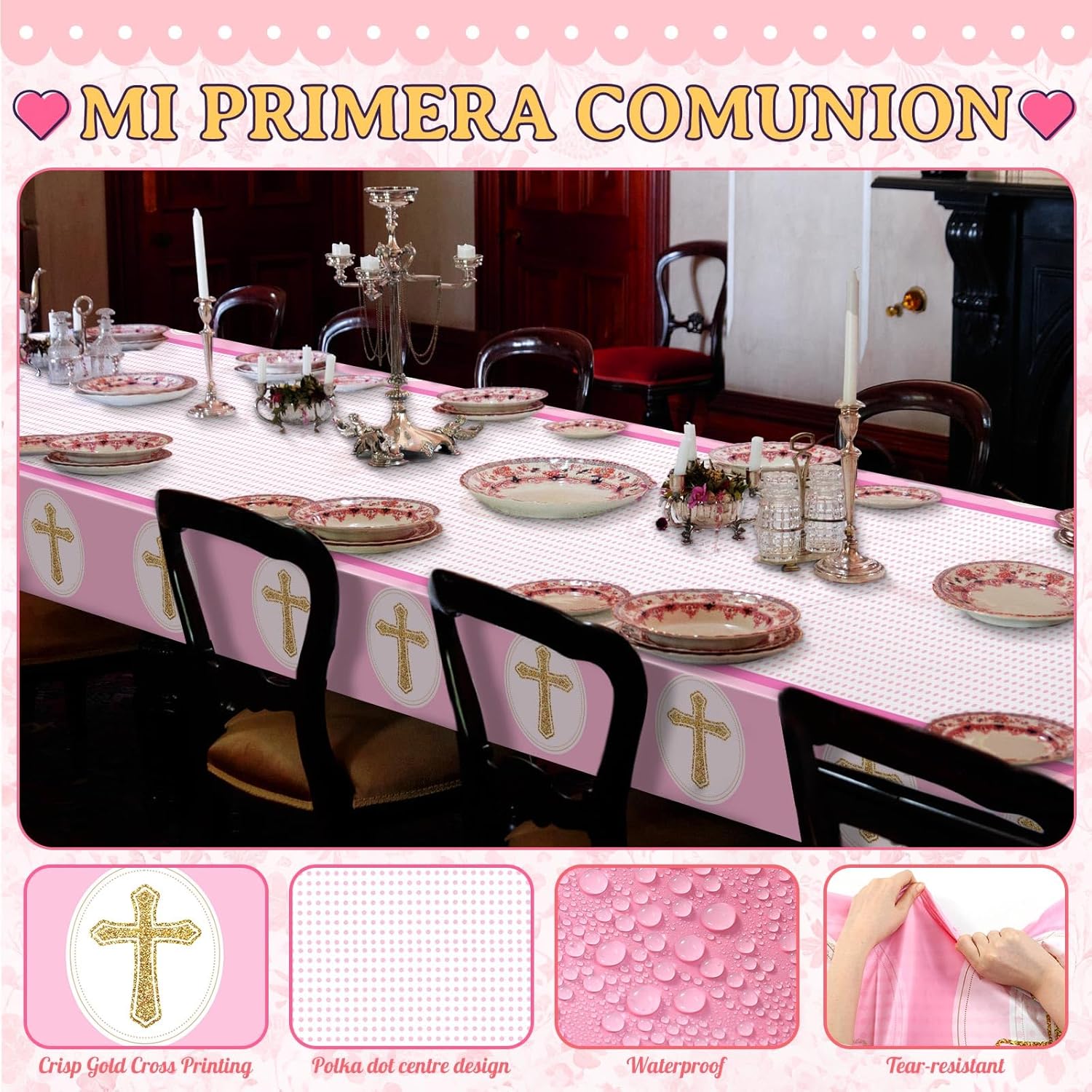 Oudain 2 Pcs Pink Cross Tablecloths for Baptism and First Communion