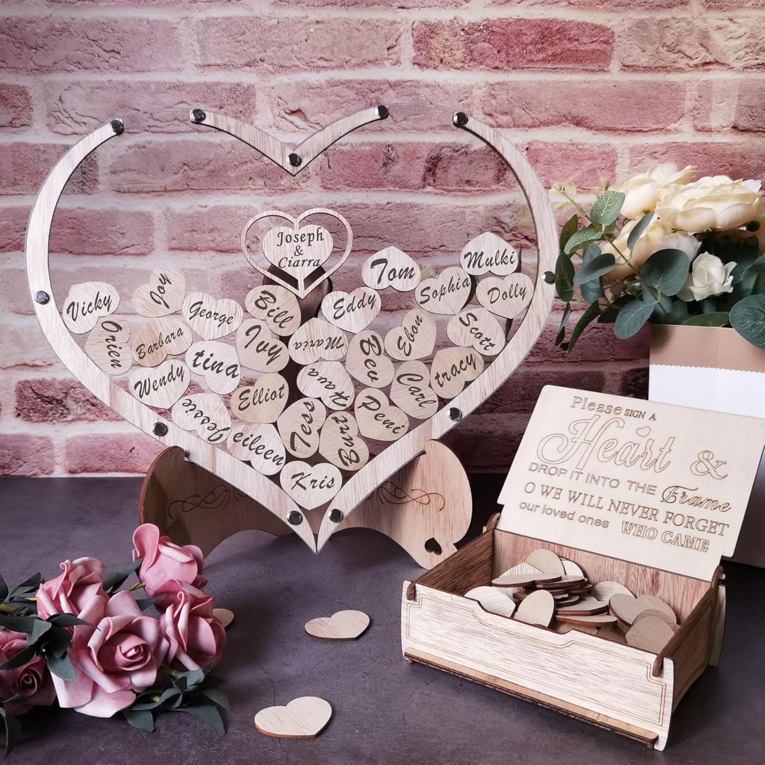 Wooden Heart Guest Book Set with Drop Box and Frame