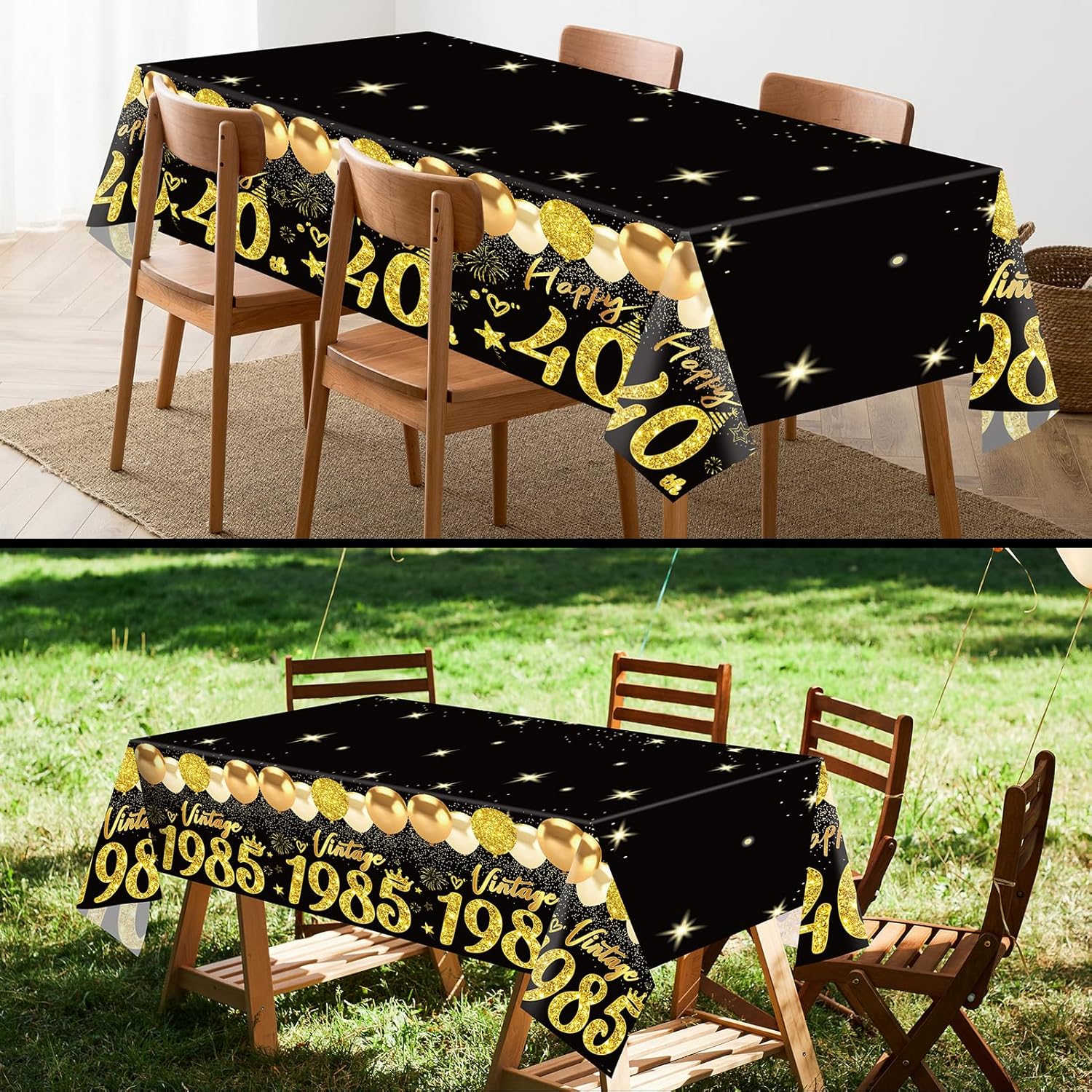 2pcs Black Gold 40th Birthday Tablecloth Decorations