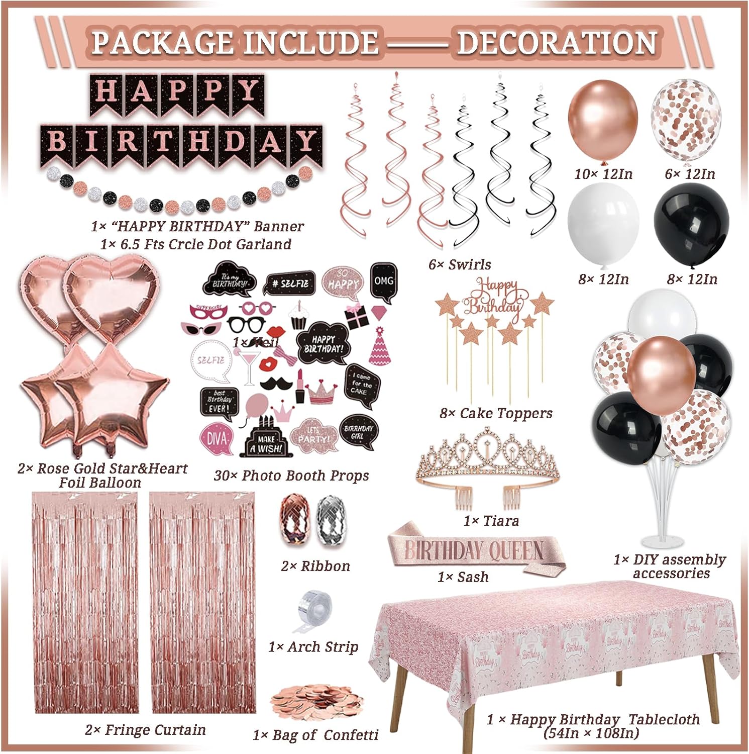 207 Pcs Rose Gold Black Birthday Decorations for Women