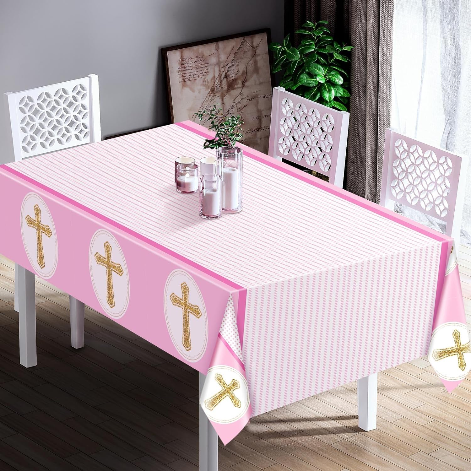 Oudain 2 Pcs Pink Cross Tablecloths for Baptism and First Communion