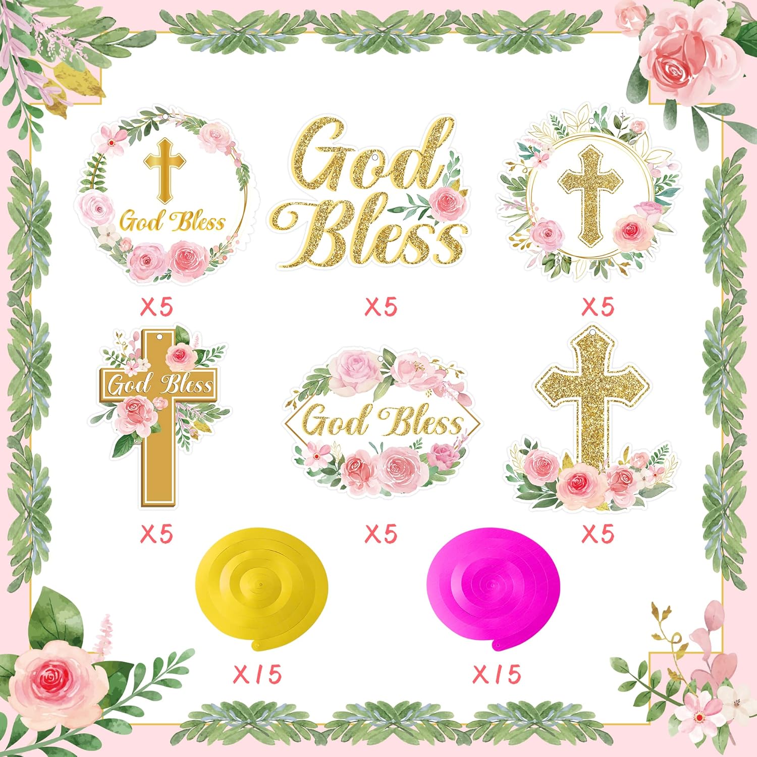 ANGOLIO 30Pcs Pink Floral Cross Hanging Streamers Decorations