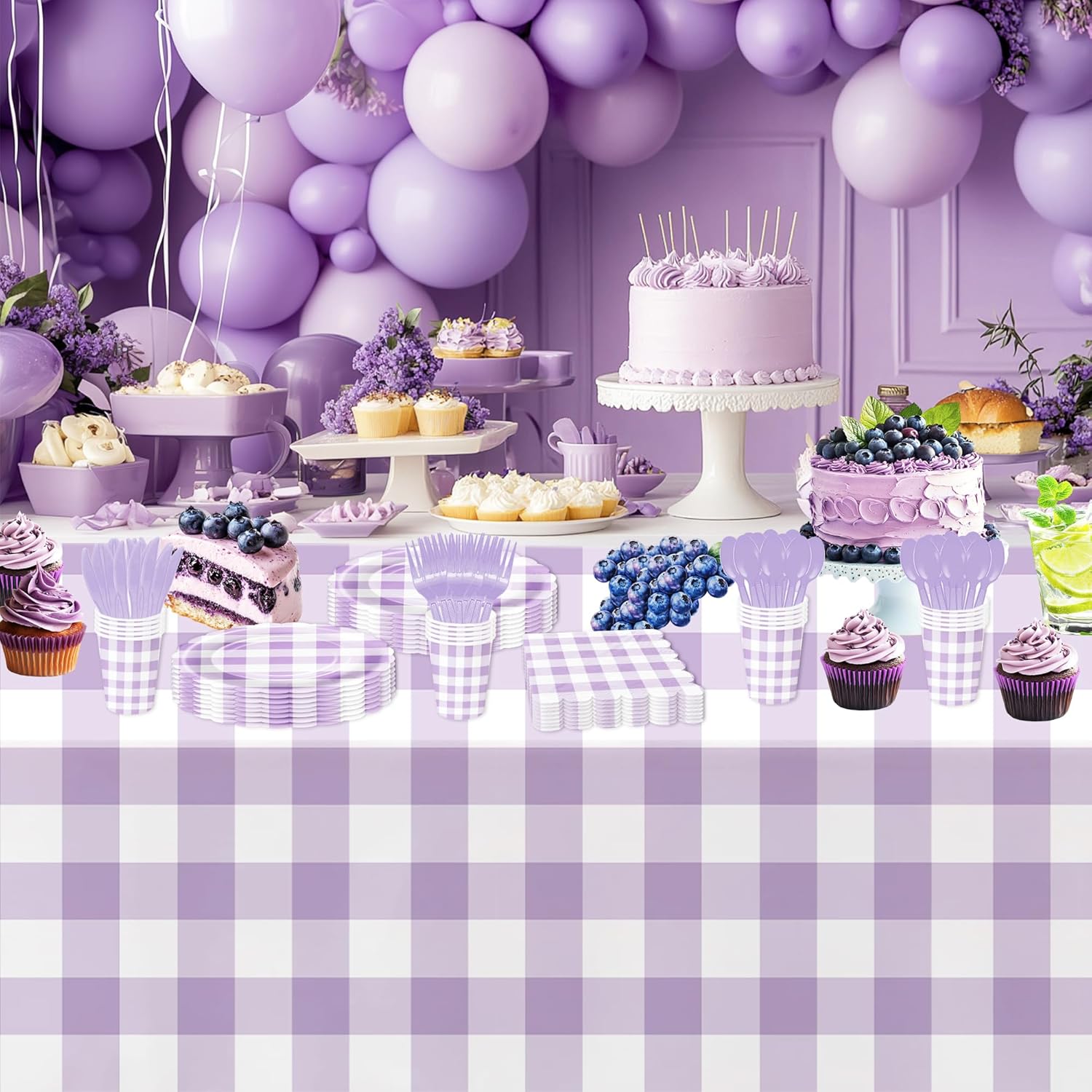 Light Purple Gingham Party Tableware Set for 24 Guests