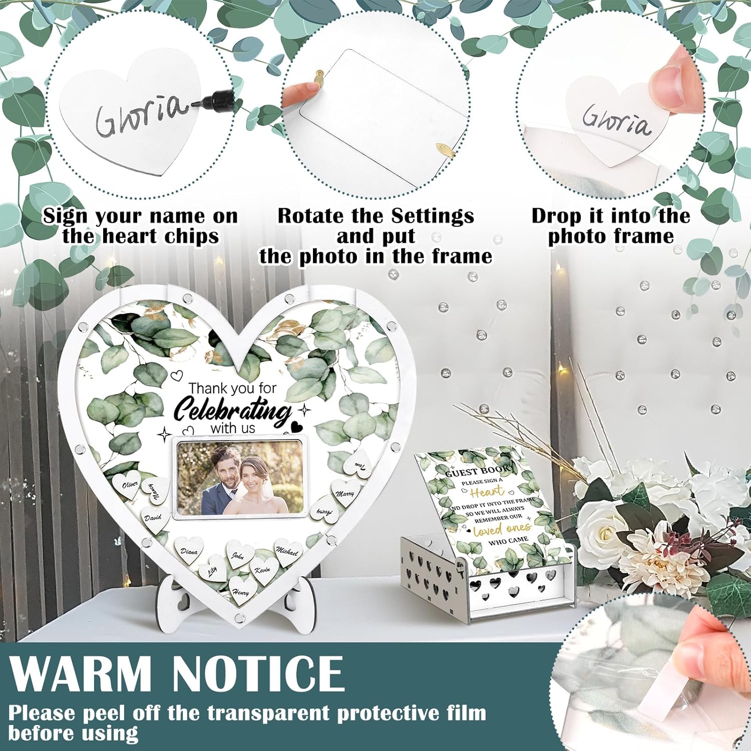 Wooden Guest Book Alternative with 100 Heart Wood Chips Eucalyptus Theme