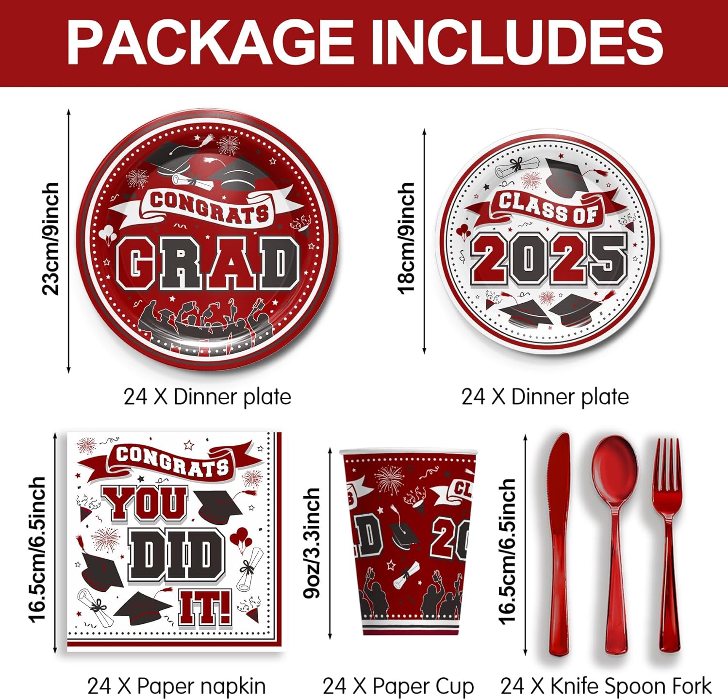 Maroon Graduation Party Tableware Set for 24 Guests 2025