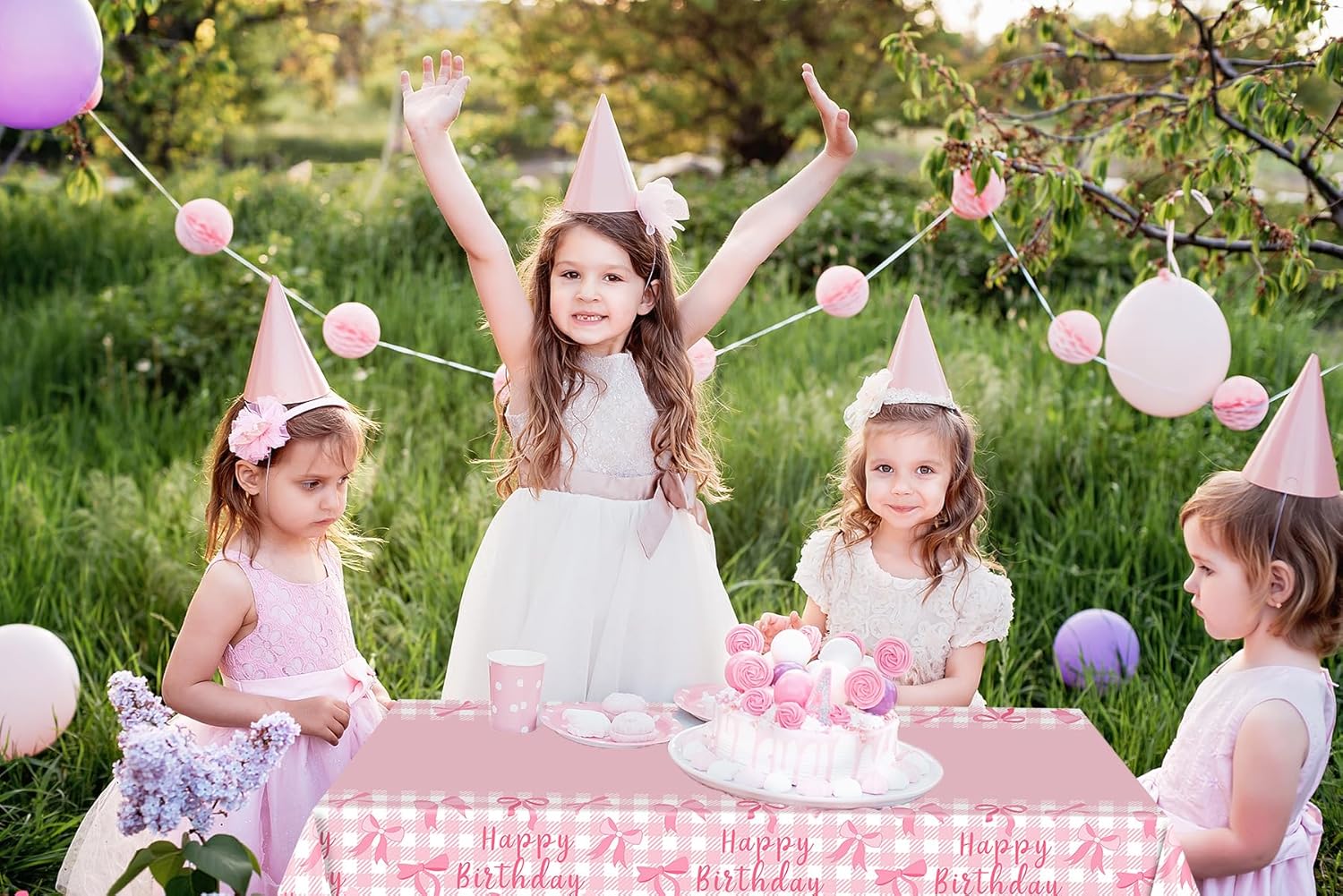 MAYSUN 3 Pcs Pink Bow Tablecloth for Birthday Parties