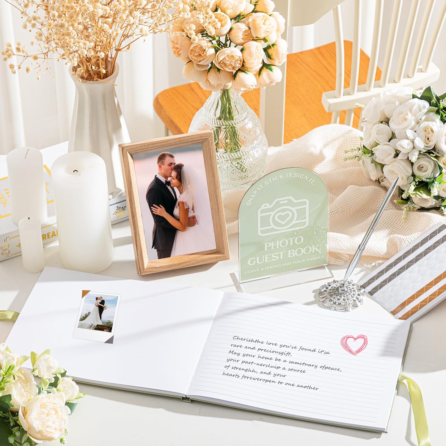 Affrolling Wedding Guest Book Set with Pen and Acrylic Sign