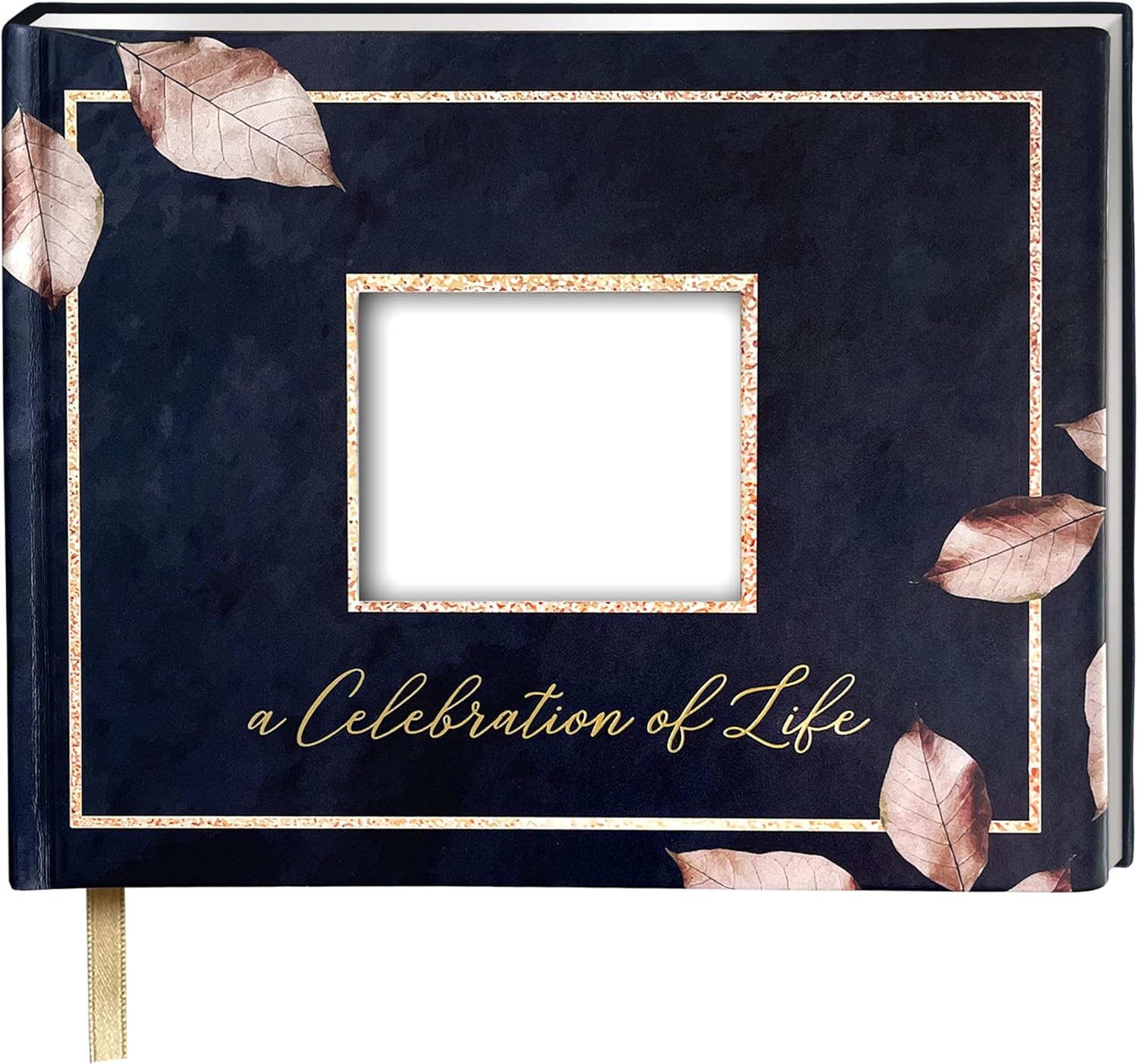 Elegant Funeral Guest Book with Photo Pocket and Rose Gold Design