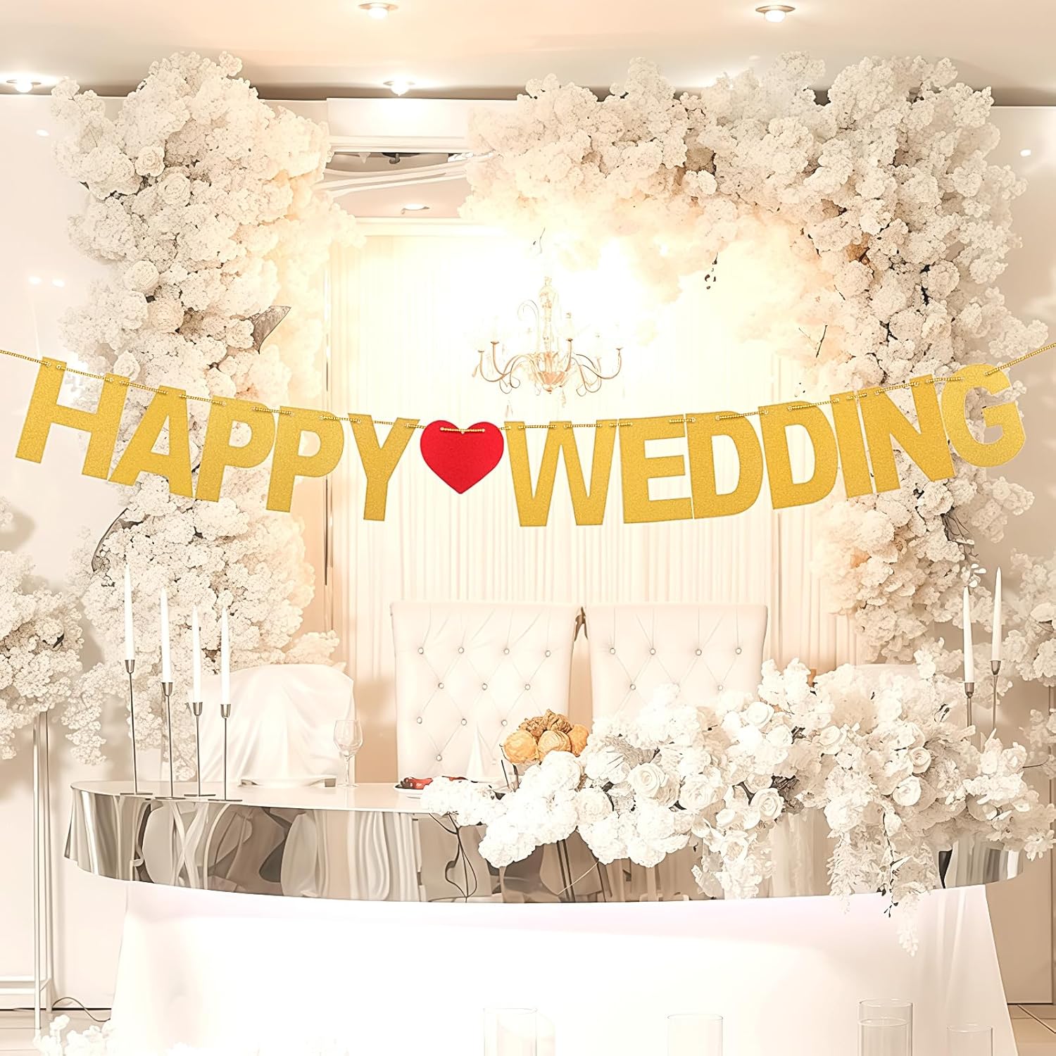Totelux Gold Glitter Wedding Banner with Heart Design