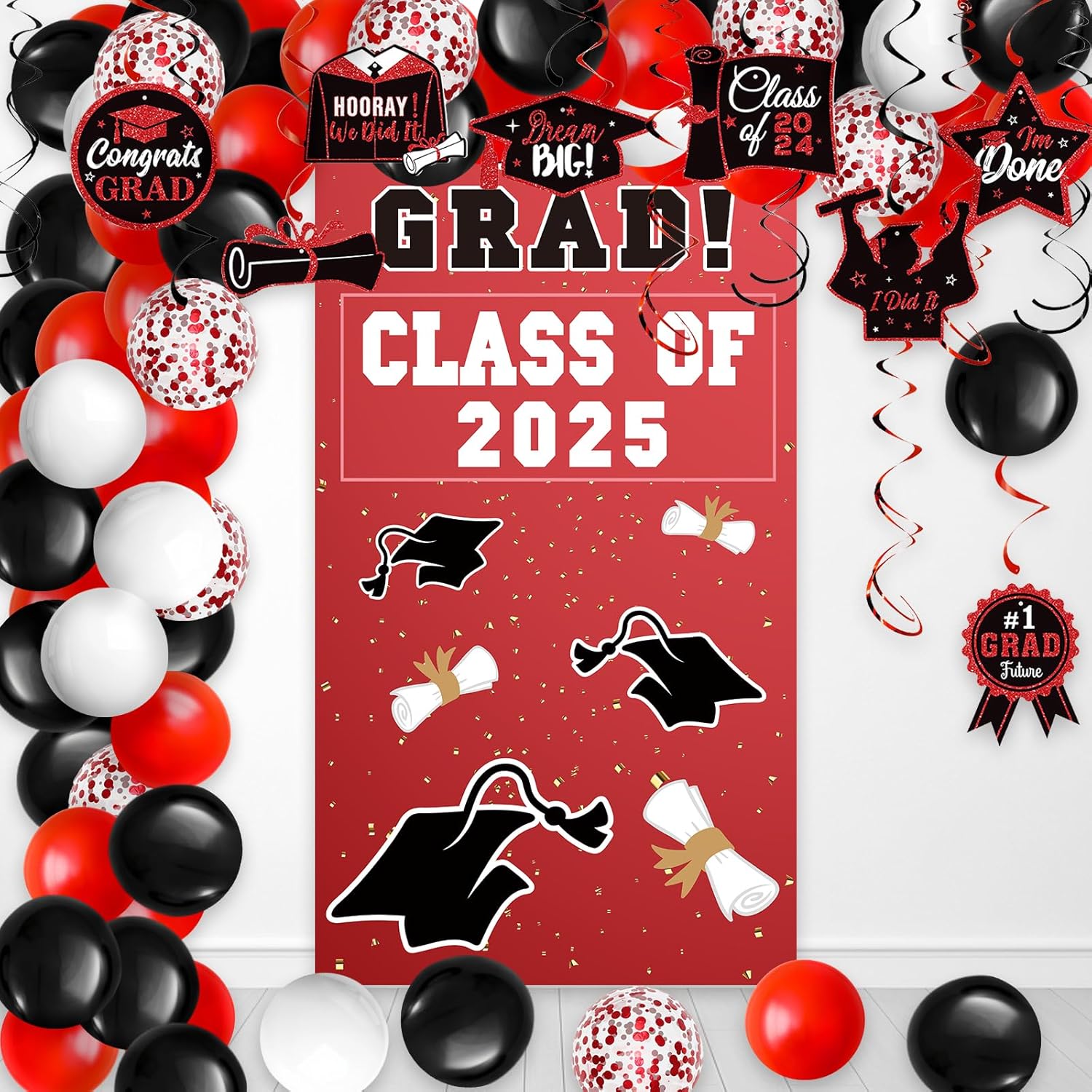 Red Graduation Party Decorations Set with Banners Balloons