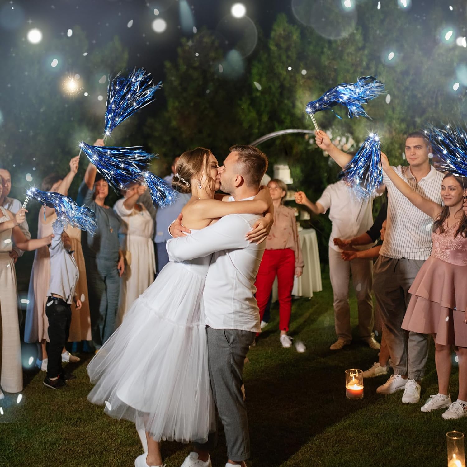 24 Pcs Lighted Wedding Wands LED Blue Silver Tinsel