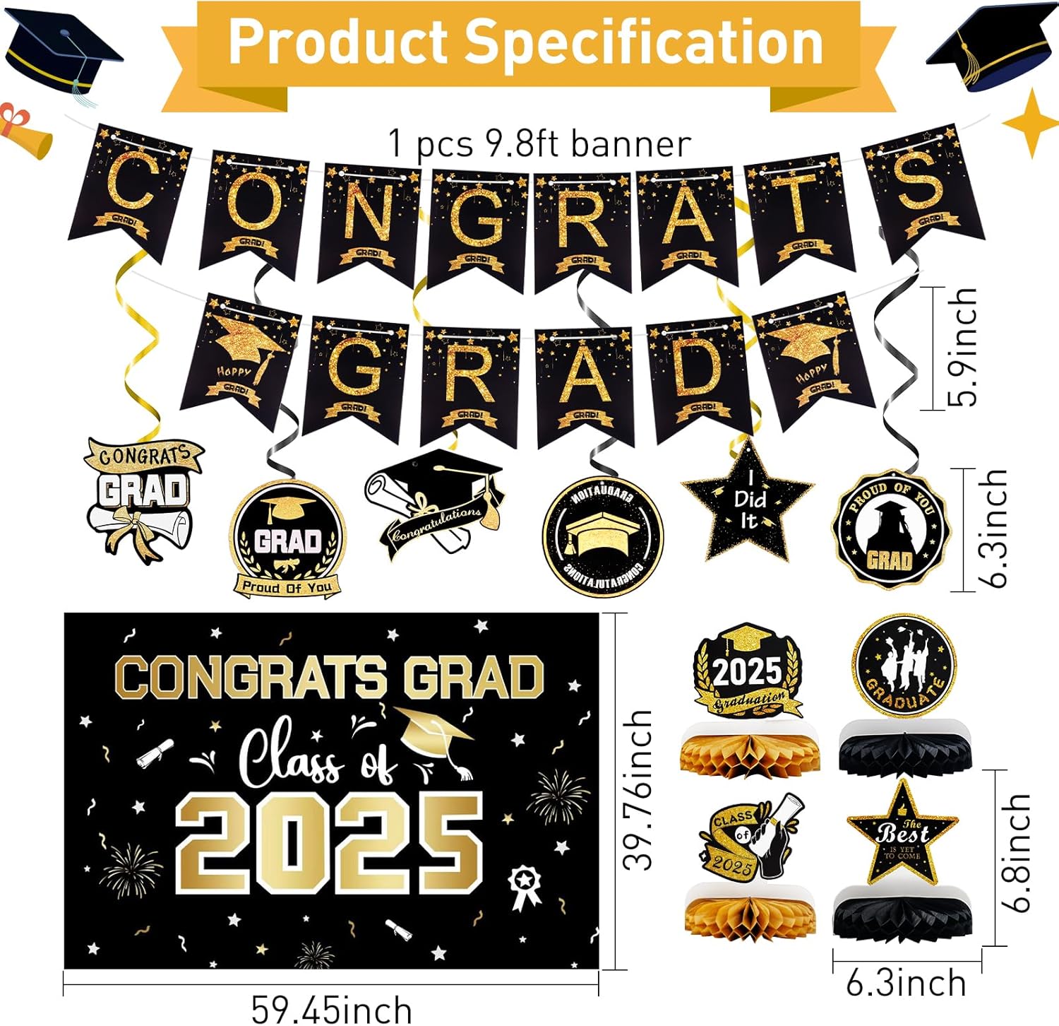 2025 Graduation Party Decorations Set - Black Gold