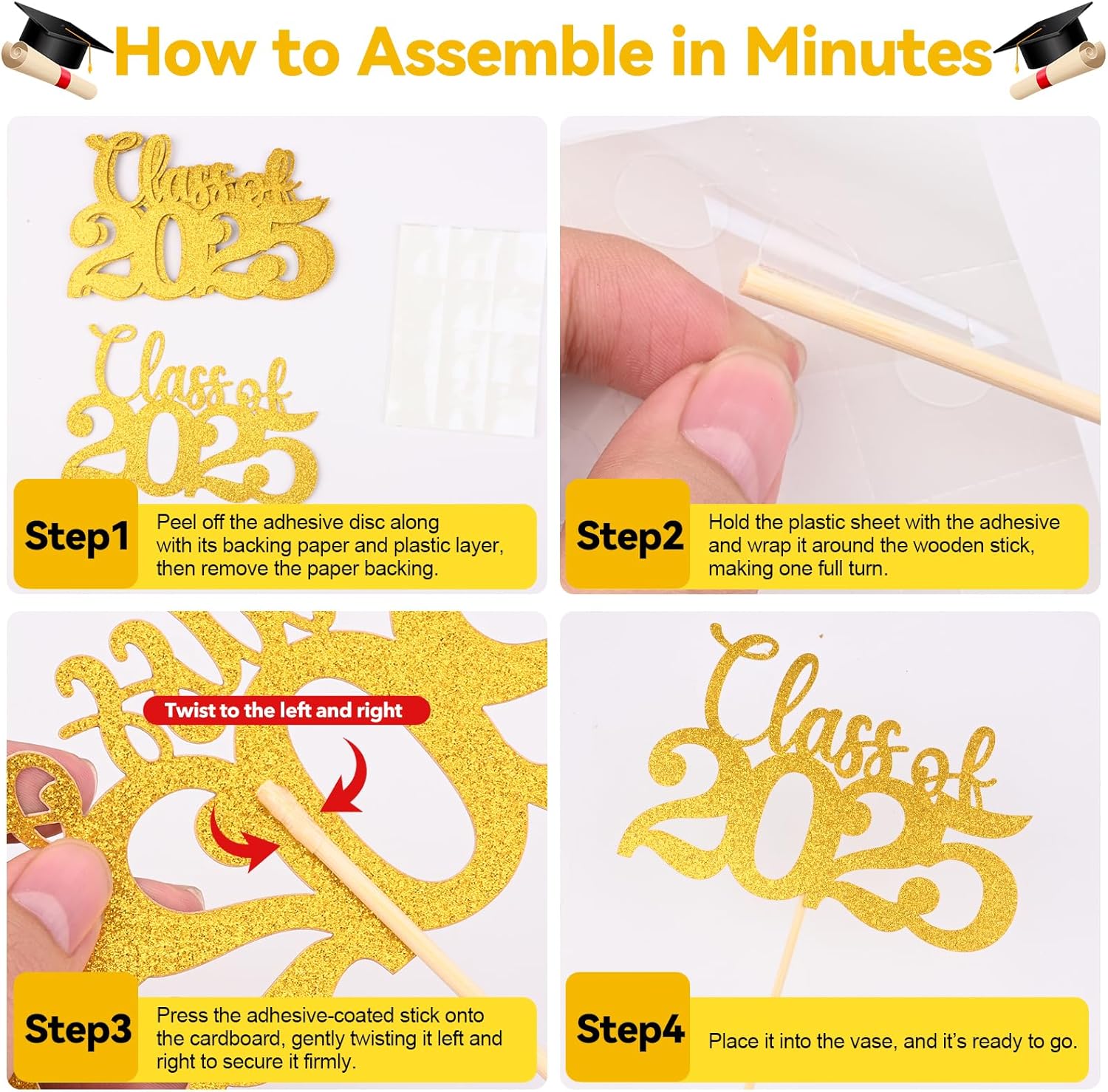 Class of 2025 Gold Glitter Centerpieces with Sticks