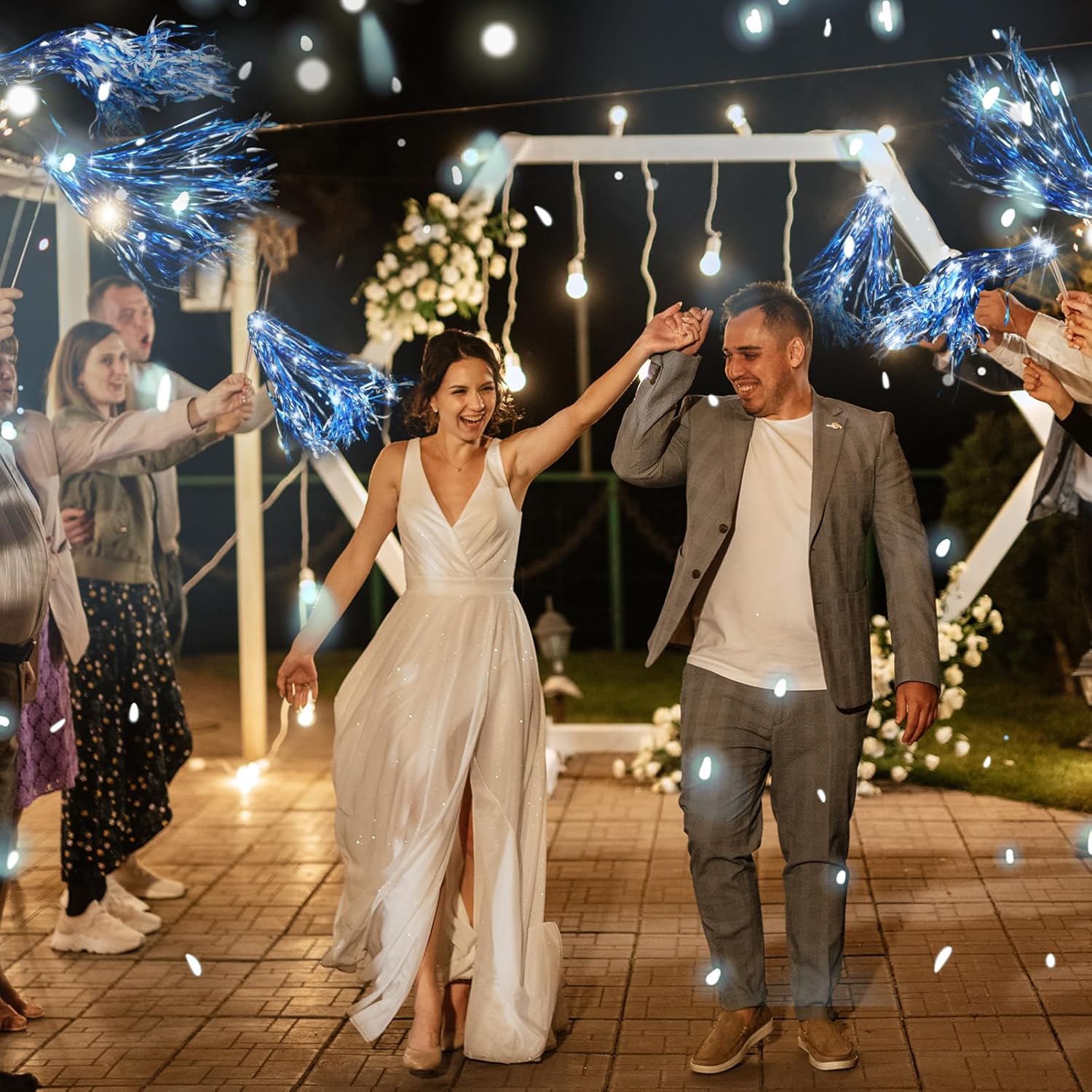 24 Pcs Lighted Wedding Wands LED Blue Silver Tinsel