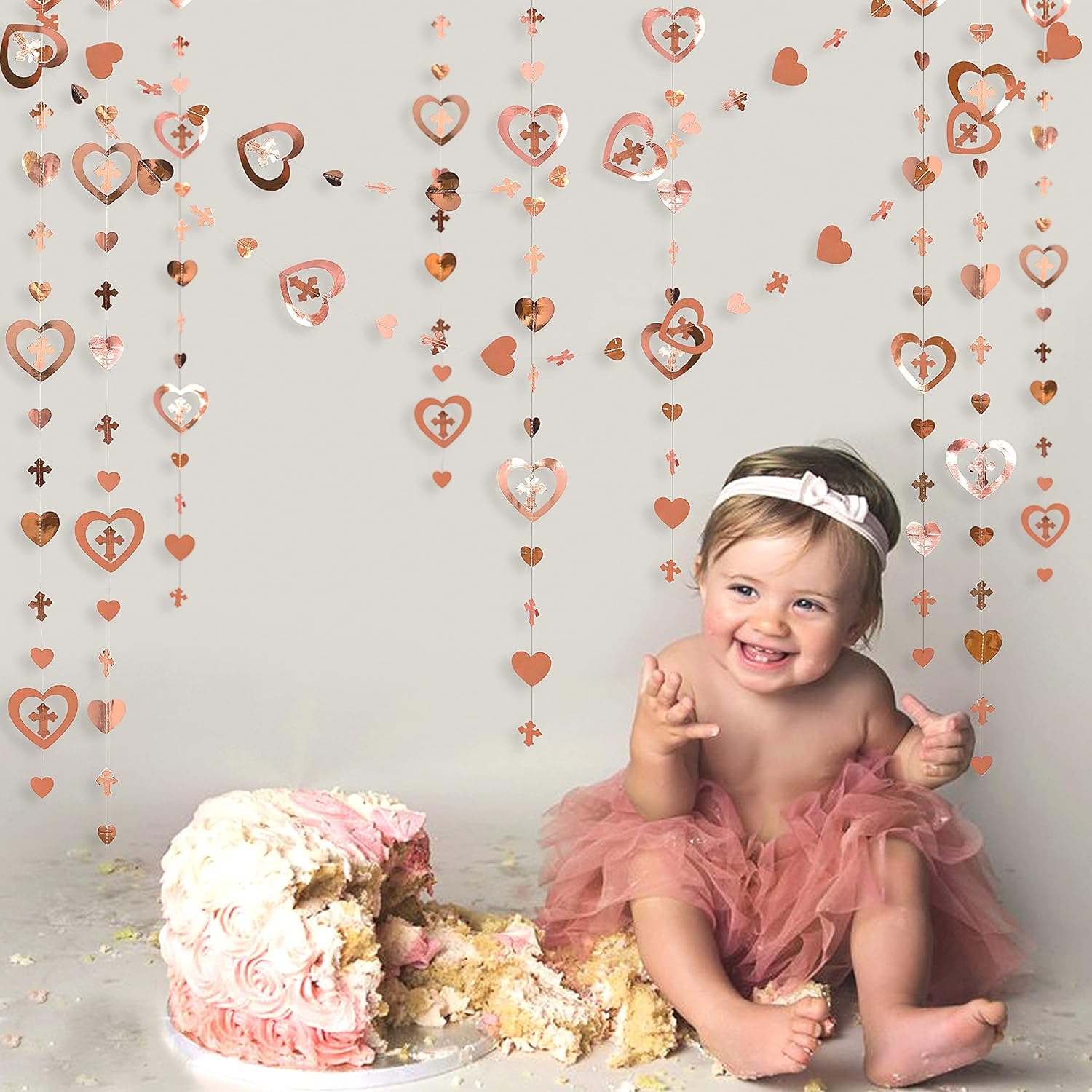 40 Ft Rose Gold Cross Heart 3D Garland Streamer Decor