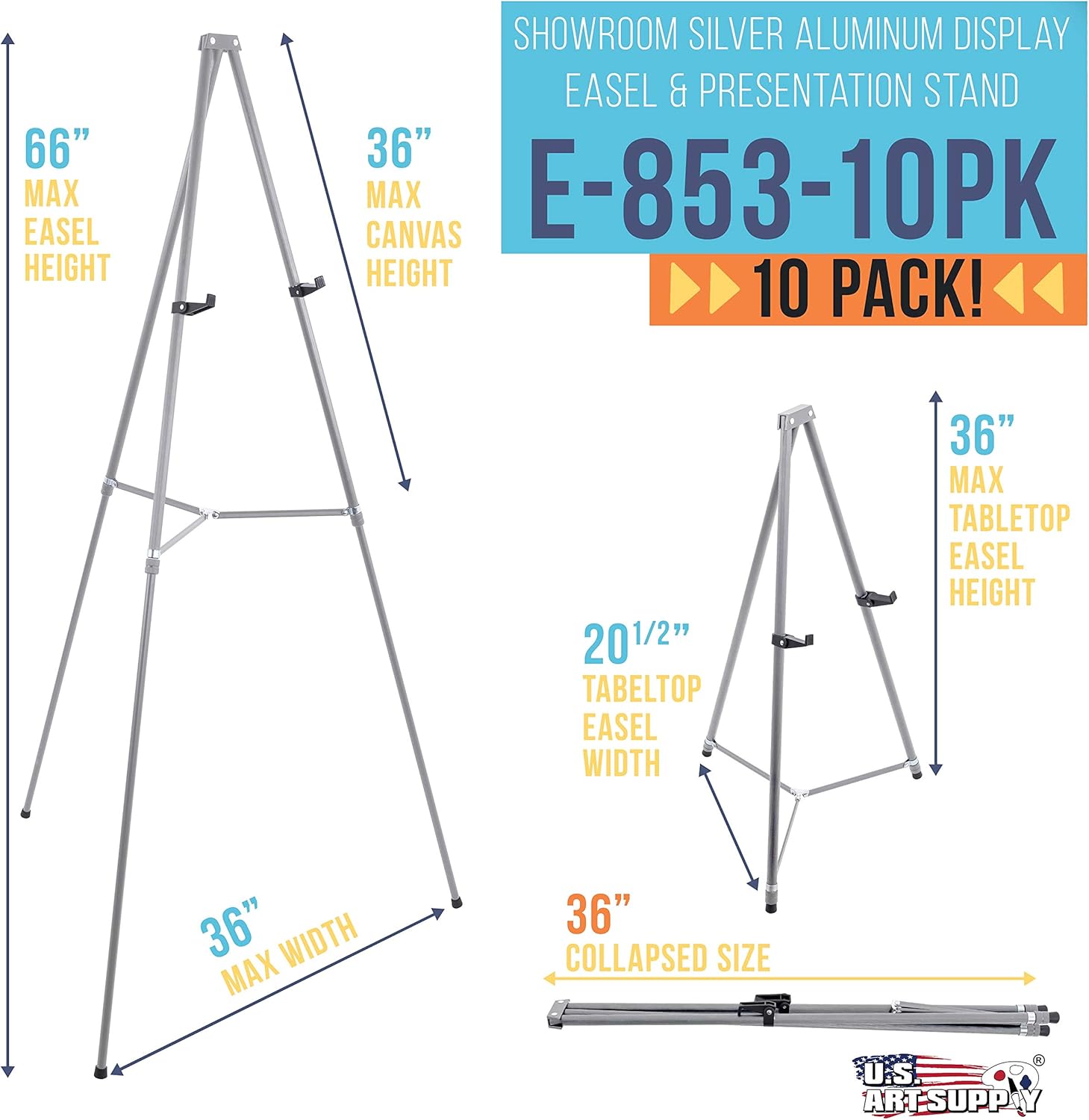US Art Supply 66 Adjustable High Gallery Silver Metal Easel 10 Pack