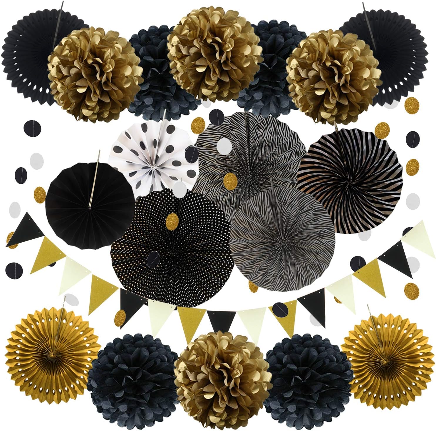 ZERODECO Black and Gold Party Decor Fans and Banners