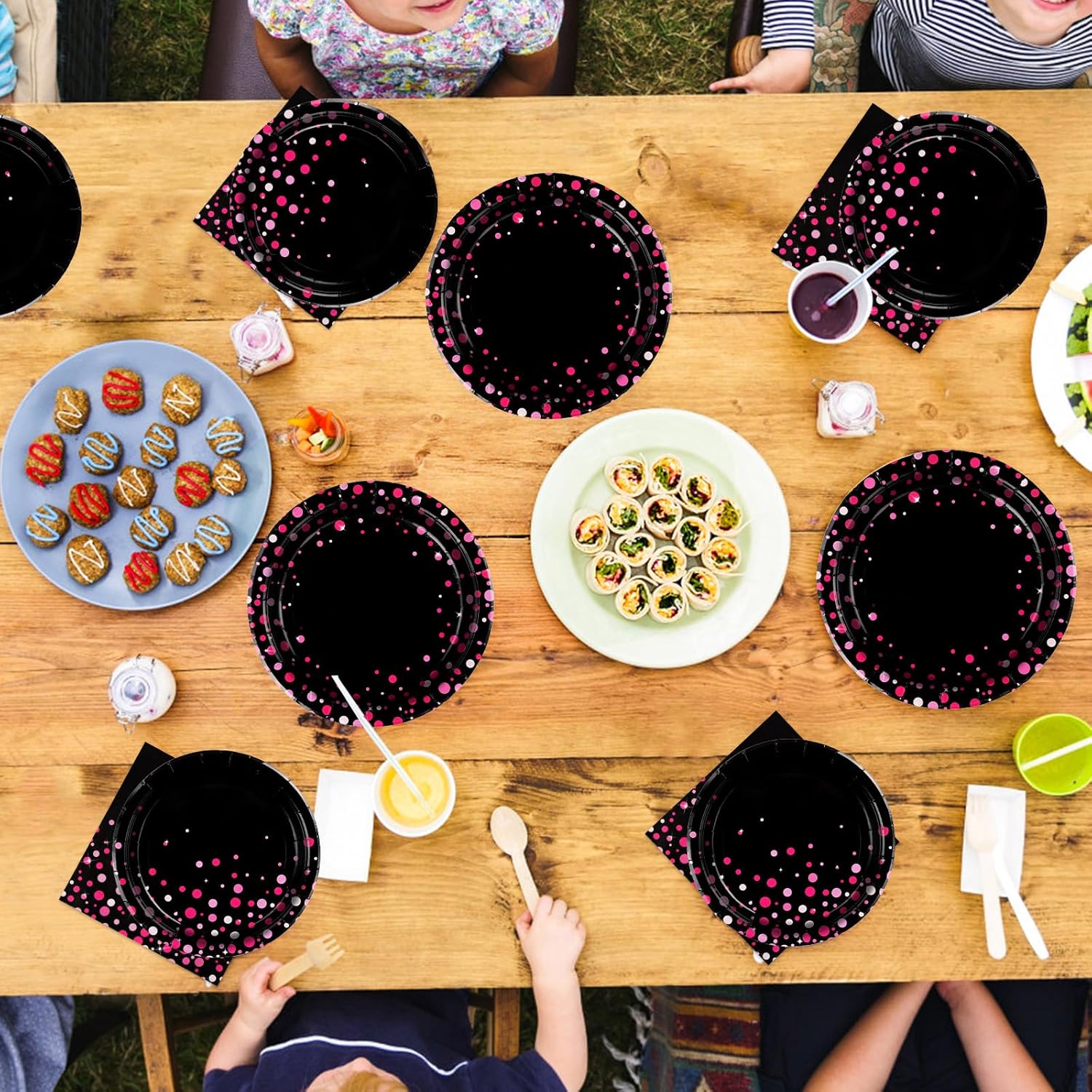 96 Pcs Hot Pink and Black Party Supplies Set