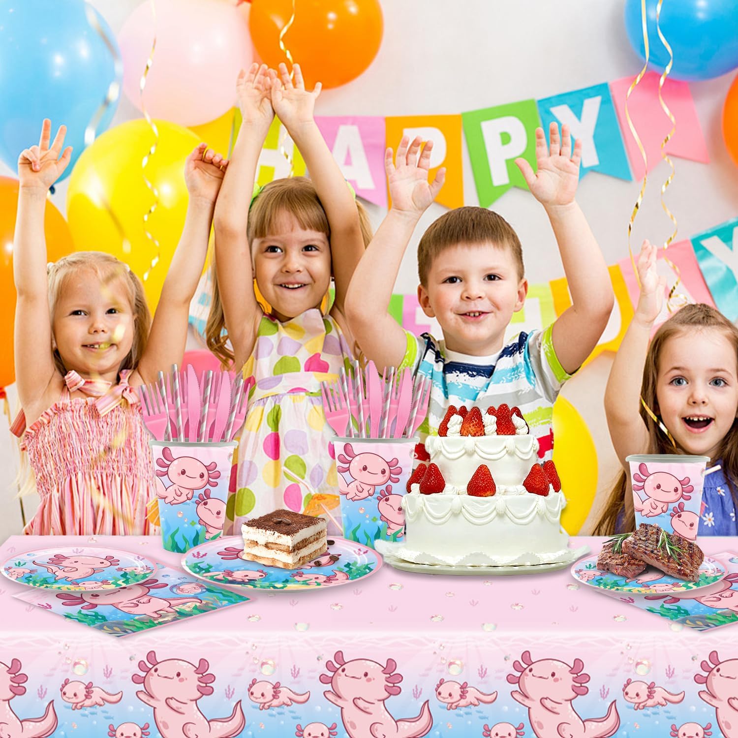 141Pcs Pink Axolotl Birthday Party Supplies Set
