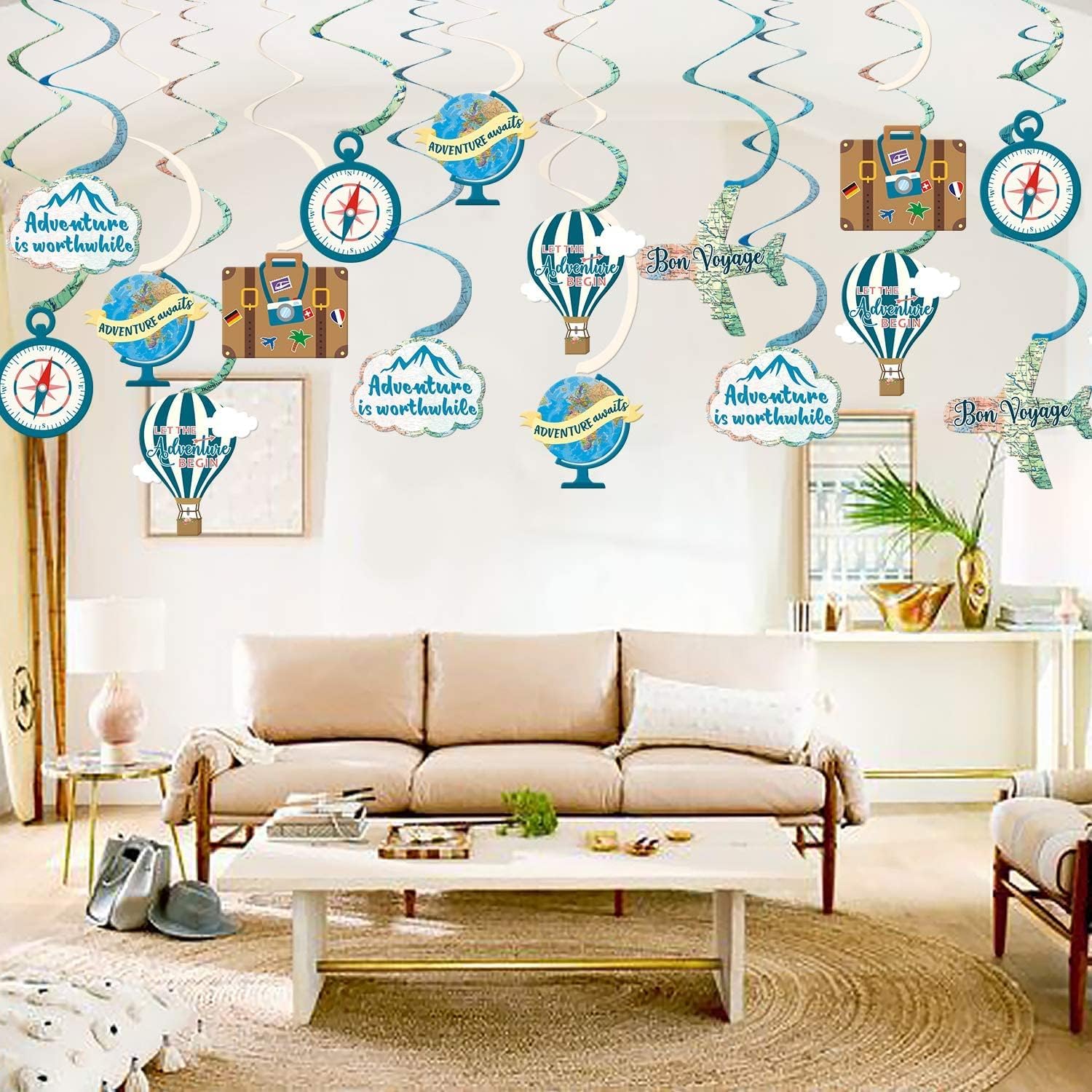 30CT Travel Themed Hanging Swirl Decorations