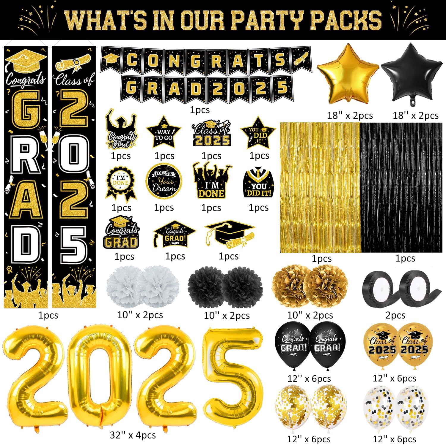 Class of 2025 Graduation Decorations Set Black Gold
