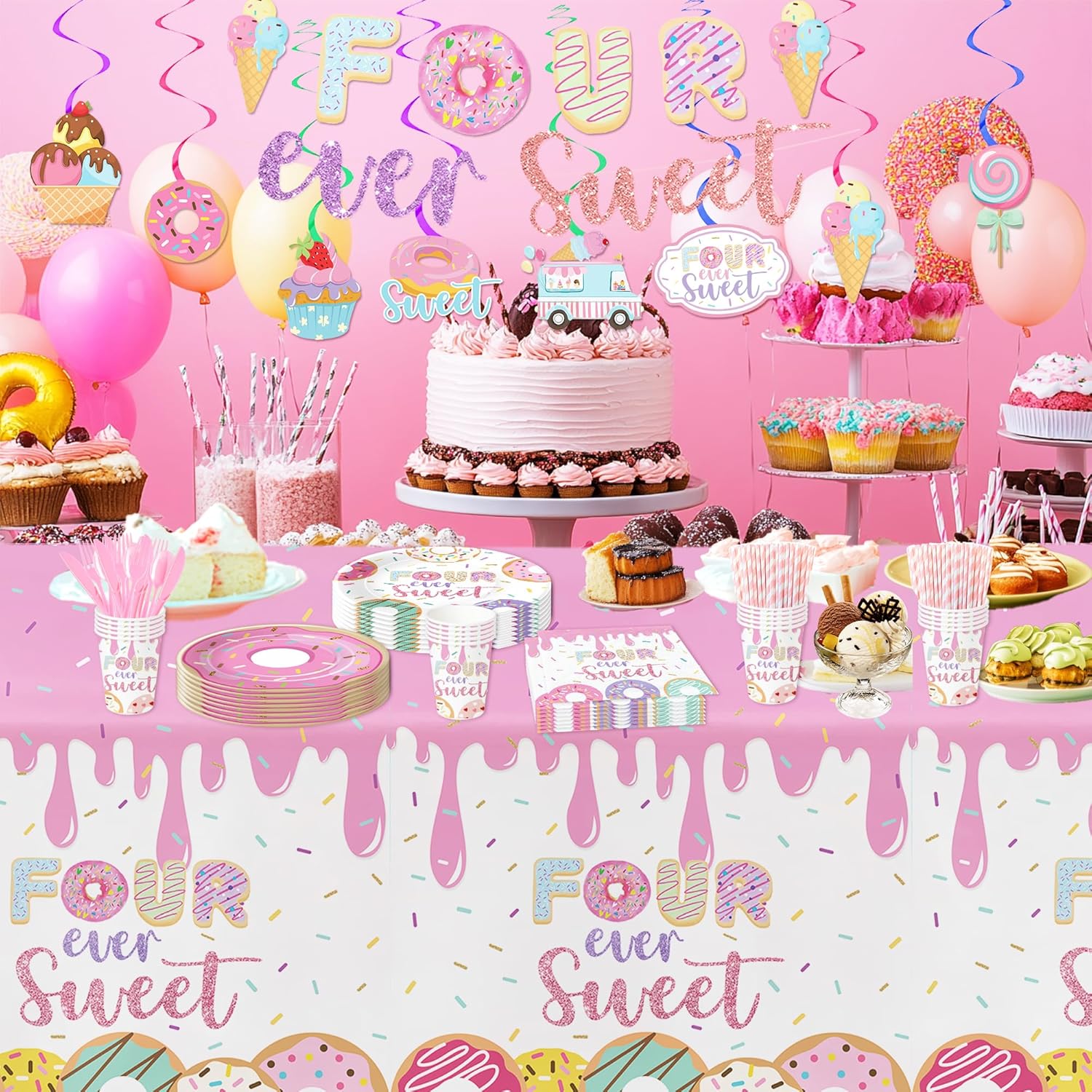 Four Ever Sweet Birthday Tablecloth Set for 4th Birthday 3 Pack 55x86in