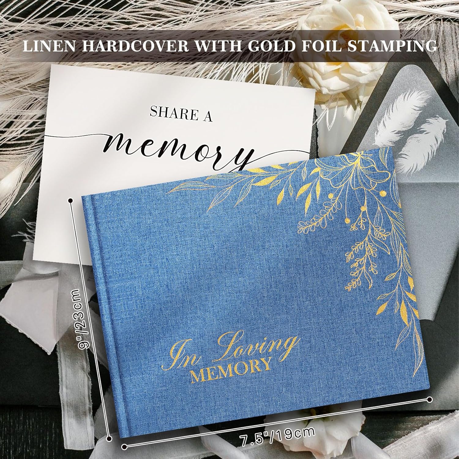 Lanpn Blue Linen Funeral Guest Book with Memory Table Sign