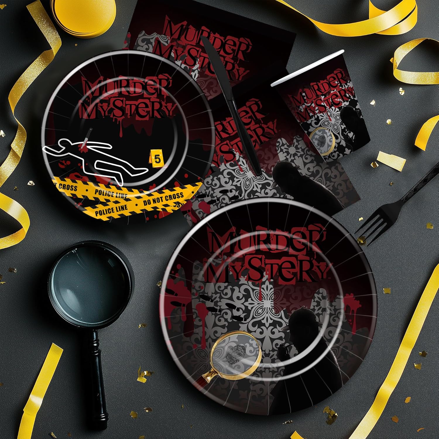 Murder Mystery Party Tableware Set for 24 Guests