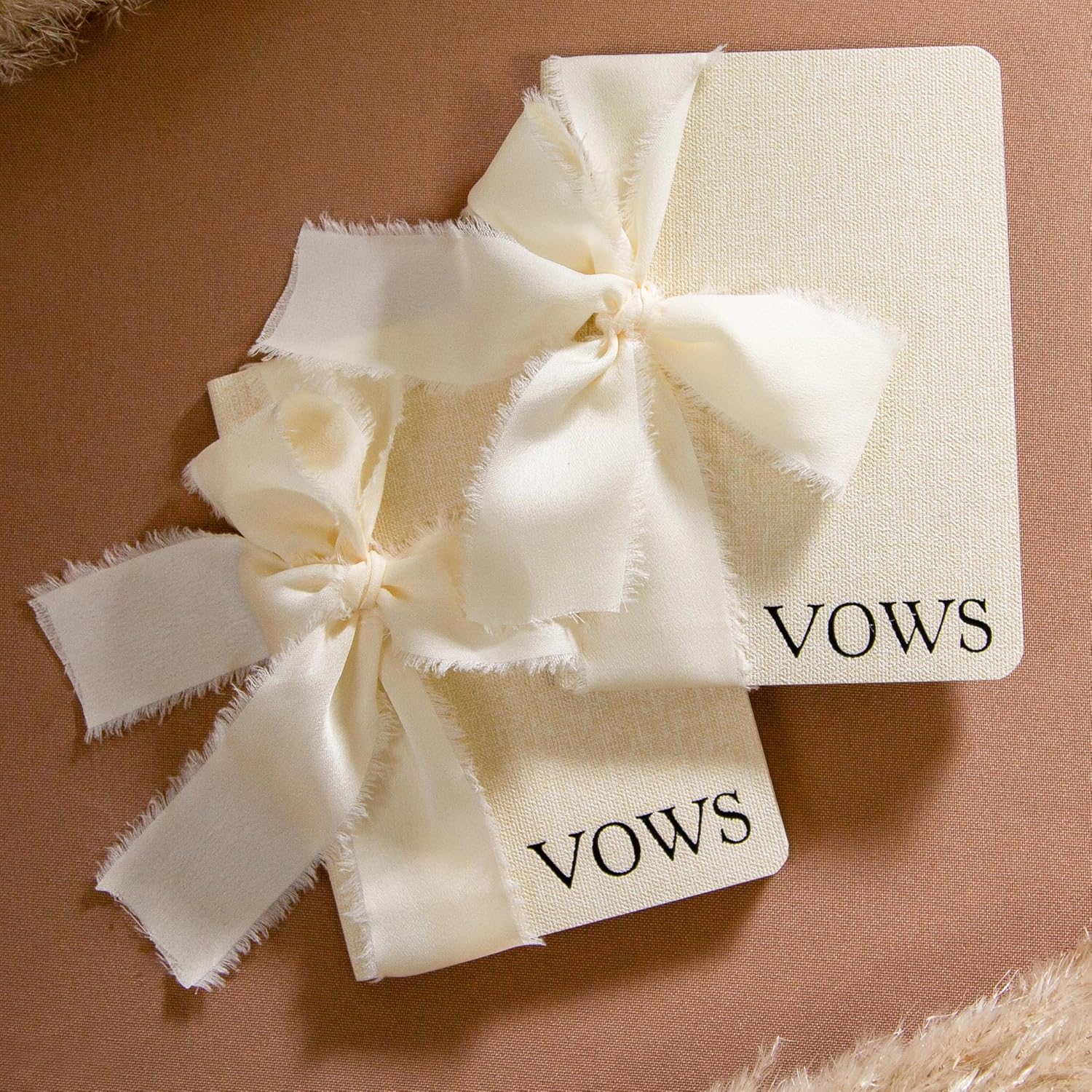 Cream Embossed Slim Vow Books with Ribbon Set of 2