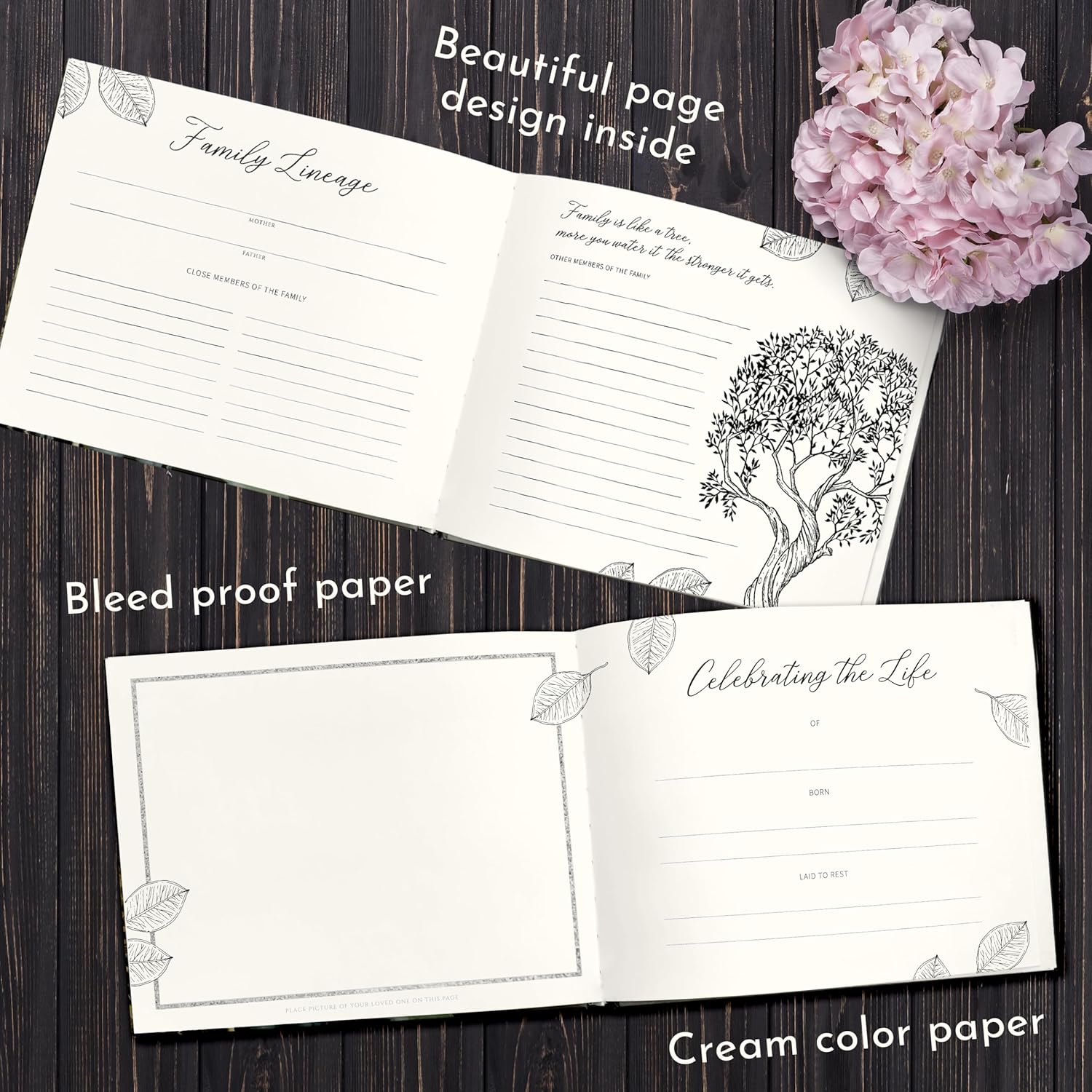 Elegant Funeral Guest Book with Photo Pocket and Rose Gold Design