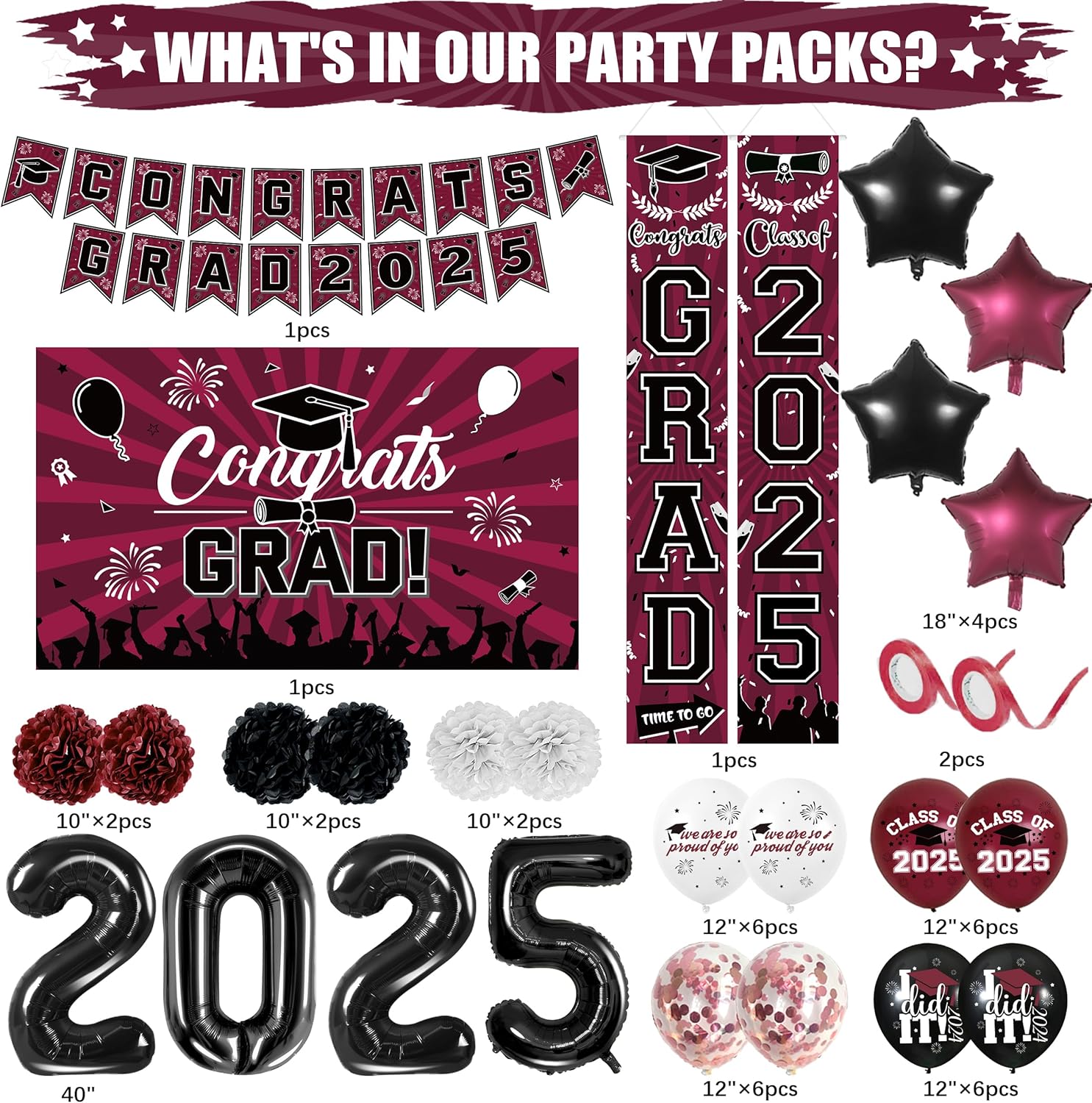 Maroon Black Graduation Party Decorations 2025 Grad Supplies