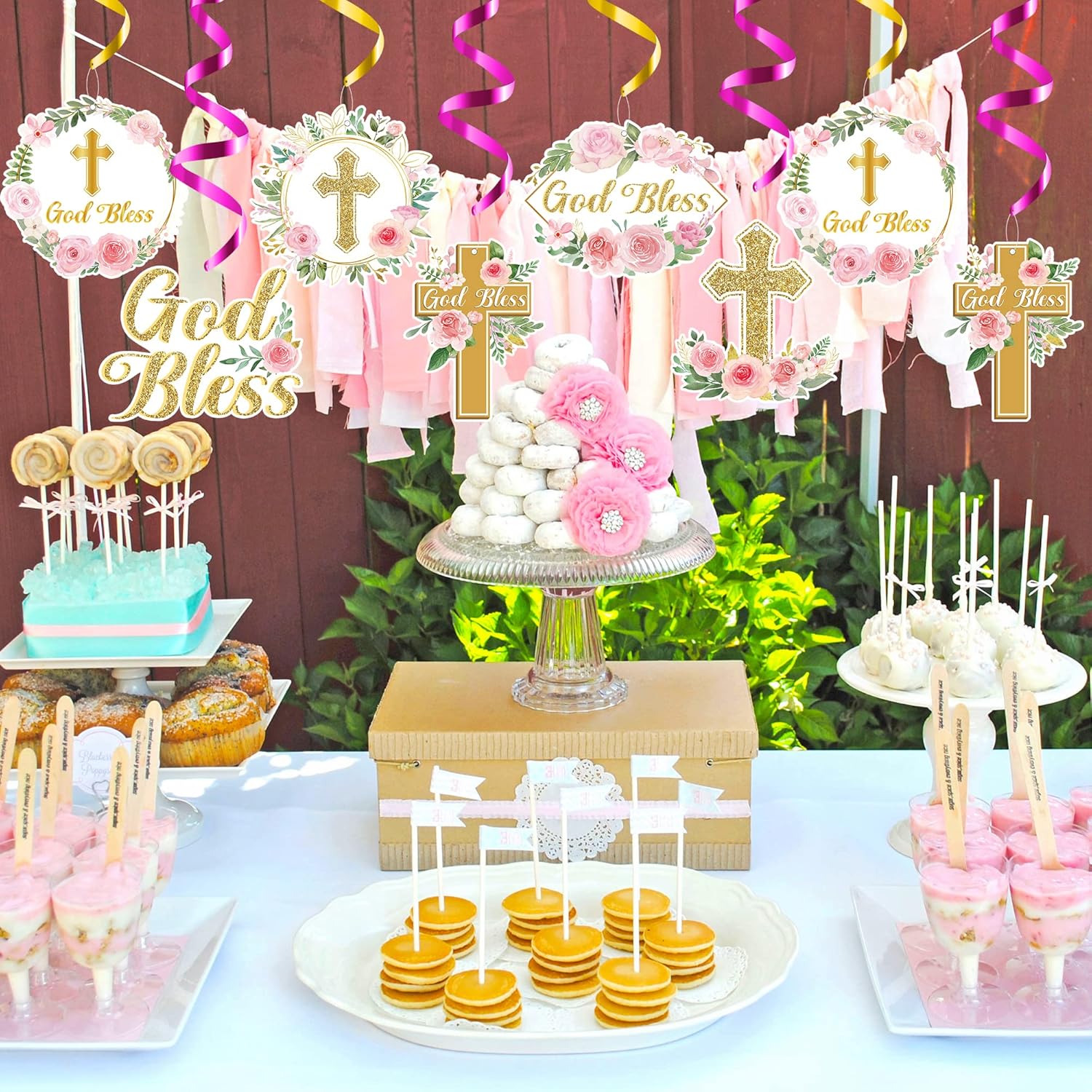 ANGOLIO 30Pcs Pink Floral Cross Hanging Streamers Decorations