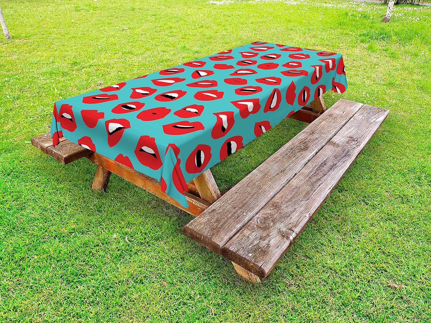 Ambesonne Kiss Outdoor Tablecloth Teal Red White 58x84