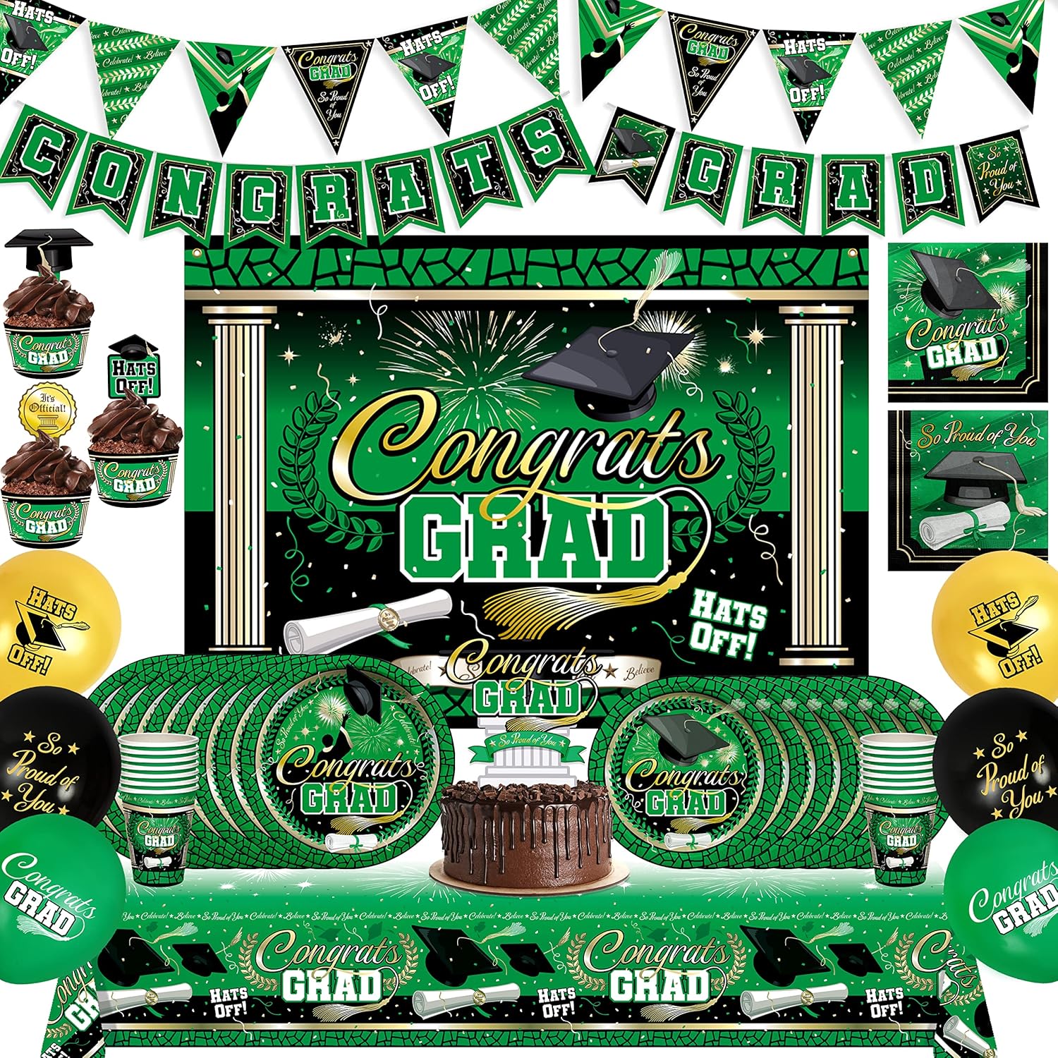 Treasures Gifted Green Graduation Decorations Set for 24 Guests